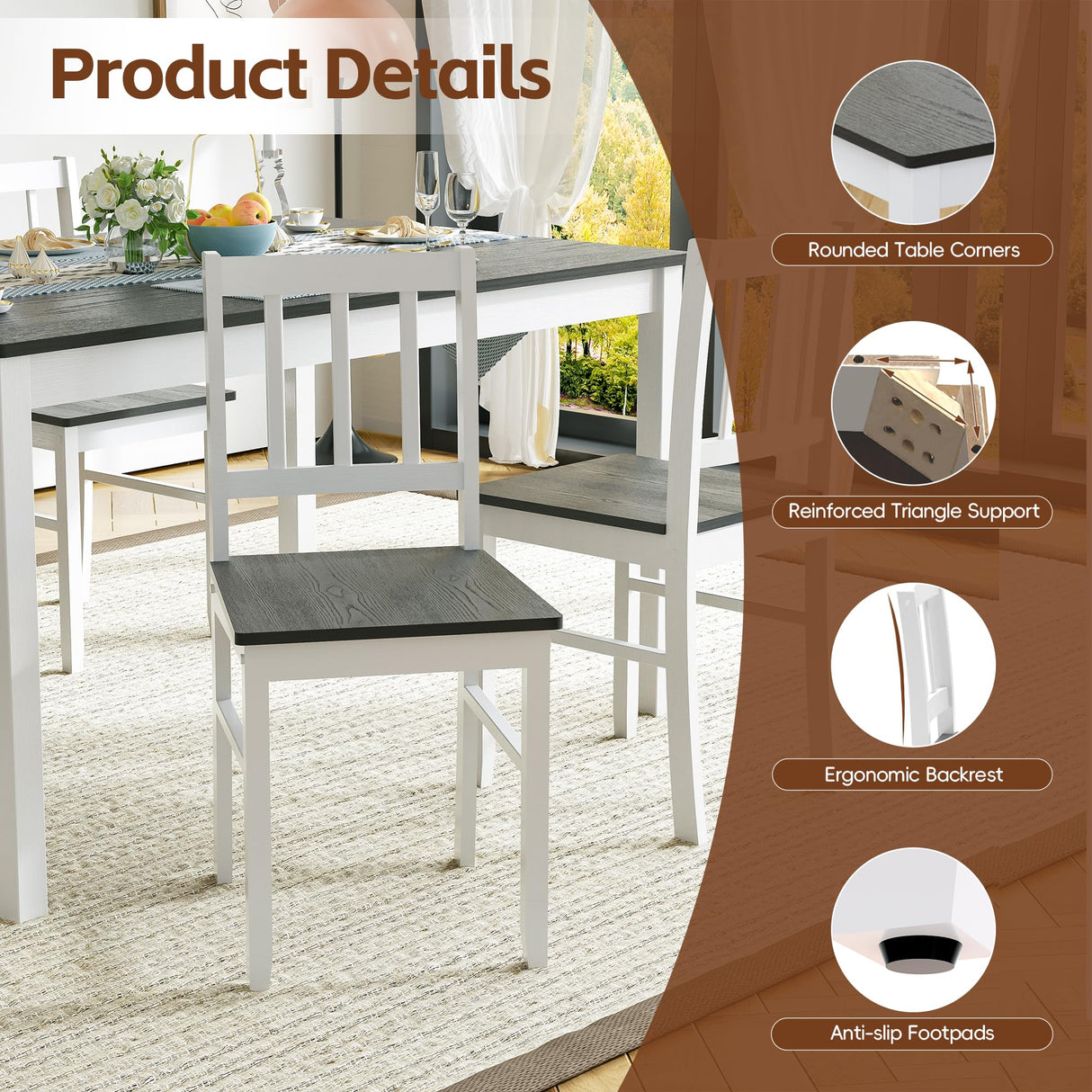 MU 5 Piece Dining Table Set for 4, Rectangular Wood Kitchen Table Chairs Set with Rubber Wood Legs, Space-Saving Farmhouse Dinette Set for Small Space, Dining Room, Apartment, Grey+White MU