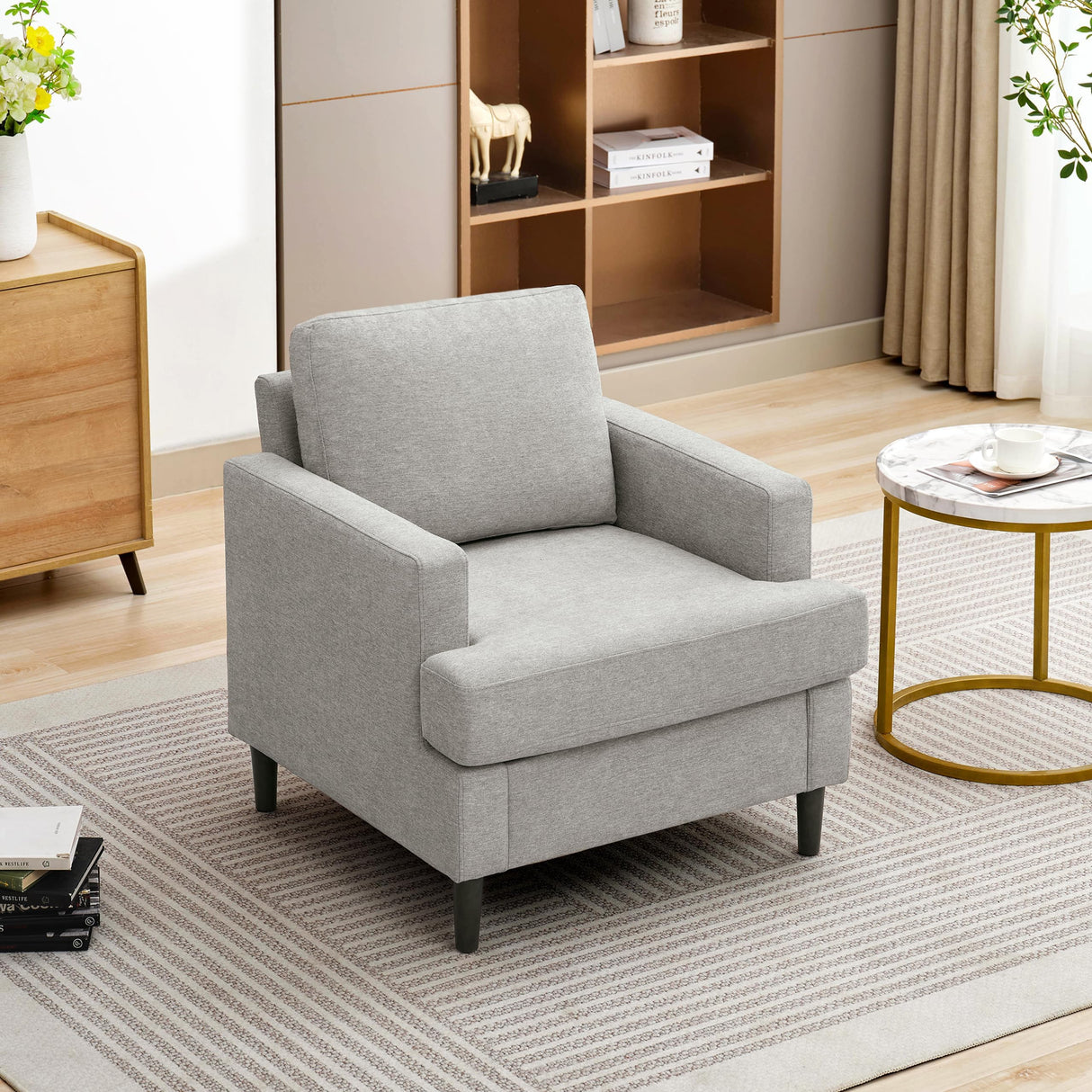 Weture Mid-Century Accent Chair,Modern Linen Fabric Armchair for Living Room,Comfy Upholstered Reading Accent Chairs for Bedroom,Single Sofa Chair with Wood Legs (Light Grey, 1 Pack) Weture