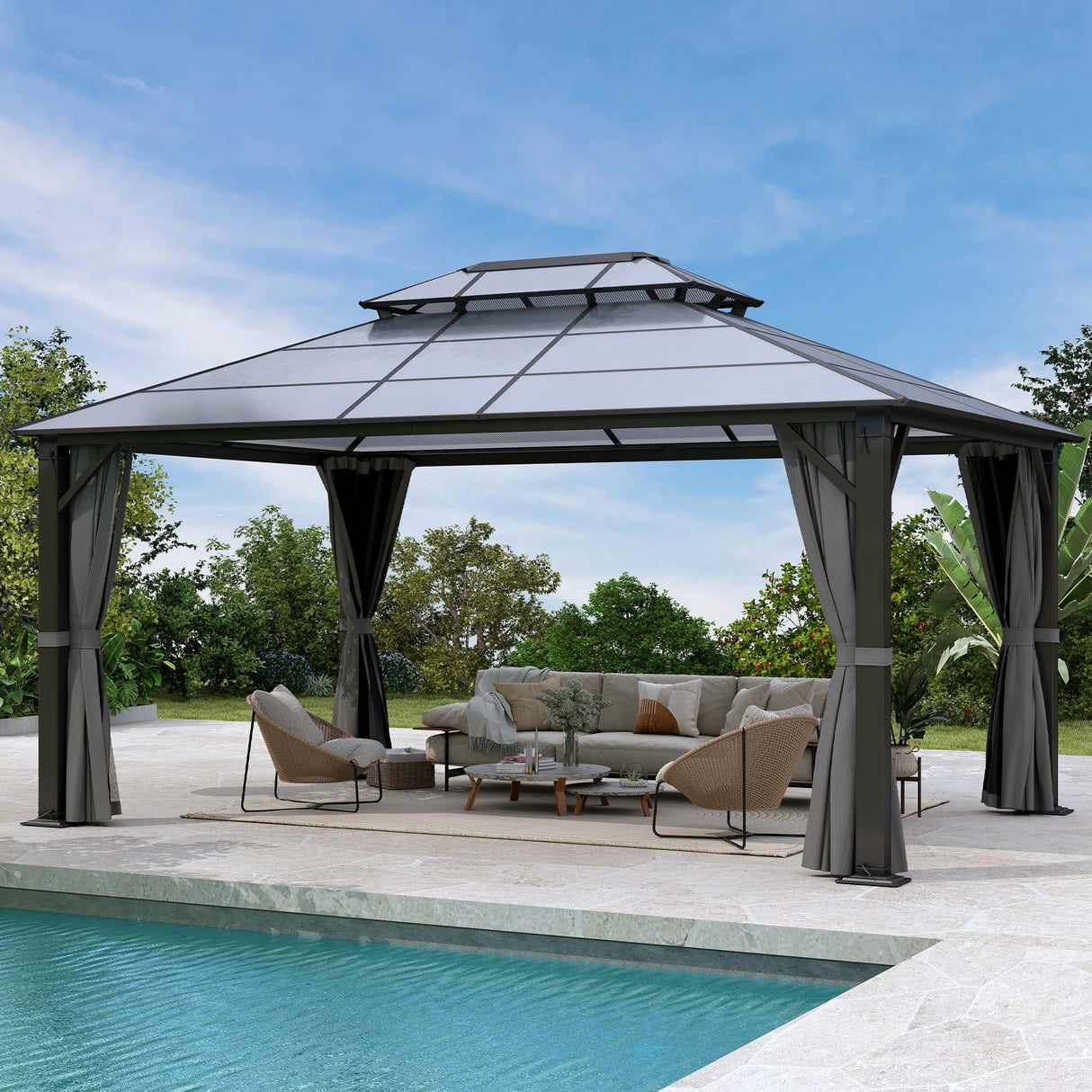 Raysfung Hardtop Gazebo 12' x 16', Patio Gazebos with Polycarbonate Roof & Steel Frame, Outdoor Pavilion with Gray Curtain&Netting for Backyard/Lawn/Garden/Deck Raysfung