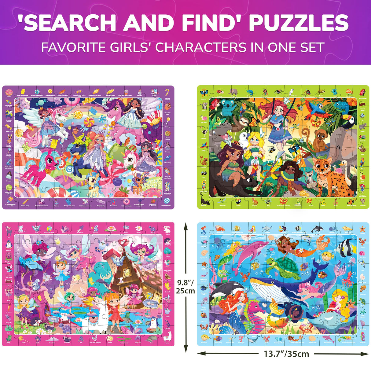 QUOKKA Princess Puzzles for Kids Ages 4-6 - Toddler Puzzles Ages 3-5 - 4-Pack 60 Piece Search and Find Jigsaw Puzzle 6-8 - Unicorn Mermaid Fairy Puzzle for Girls - Learning Educational Toy for 5 Year QUOKKA