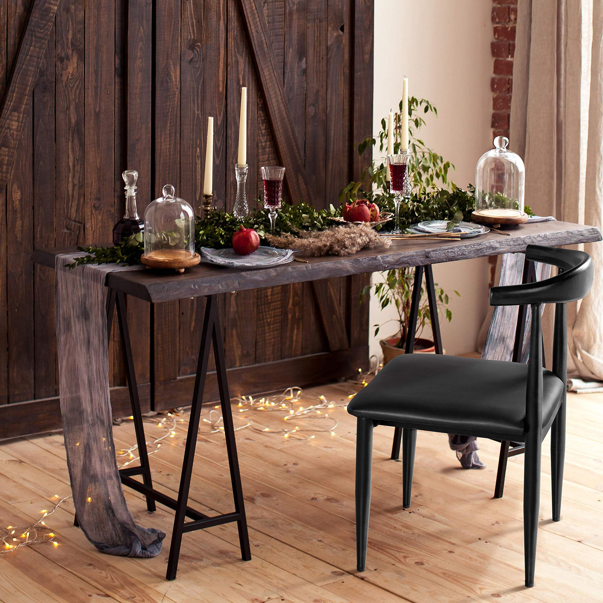 Yaheetech Mid Century Dining Chairs Armless with Backrest Modern Kitchen Chairs Metal Legs Fabric Leather Seat Set of 4, Black Yaheetech