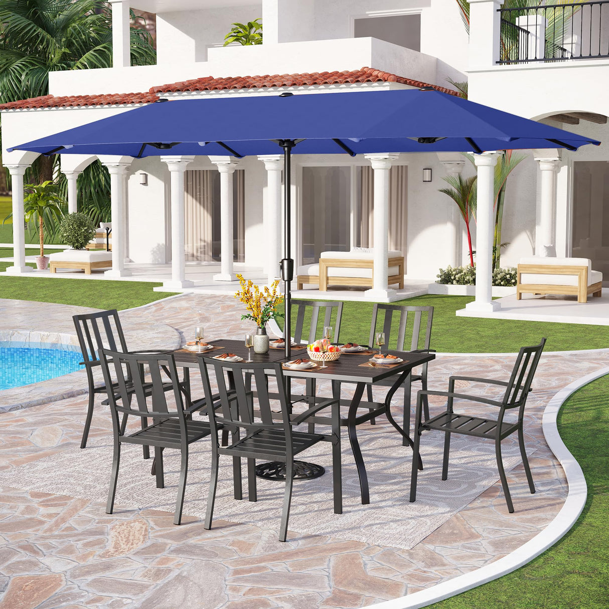 PHI VILLA 7 Piece Outdoor Dining Set for 6, 60” Rectangular Metal Steel Dining Table with Umbrella Hole & Stackable Dining Chairs for Patio, Deck, Yard, Garden PHI VILLA