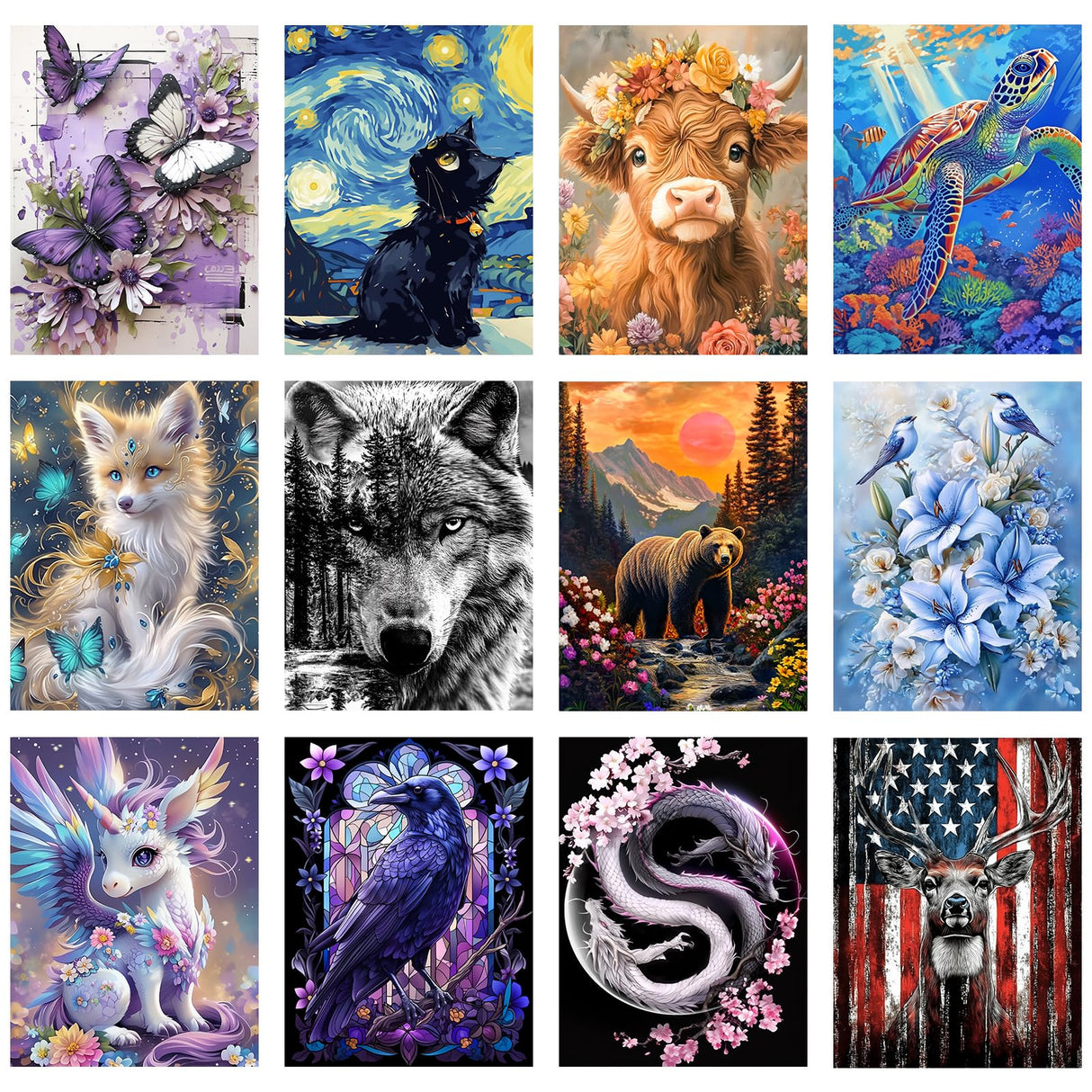 12 Pack Animals Diamond Art Kits for Adults, DIY 5D Diamond Painting Sets with Tools, Relaxing Gem Painting Craft Projects for Beginners, Home Wall Decor, Gift Idea(12X16 Inch) Gemozaic
