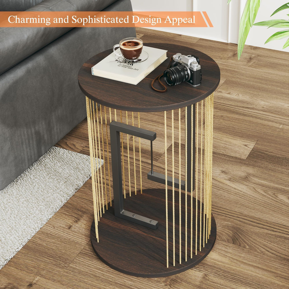 Side Table, Round End Table for Living Room, Bedroom, Black LED Nightstand with Twine Rope Design, Mid Century Modern Wood Accent Coffee Table, Antique Nightstand HUAHUU