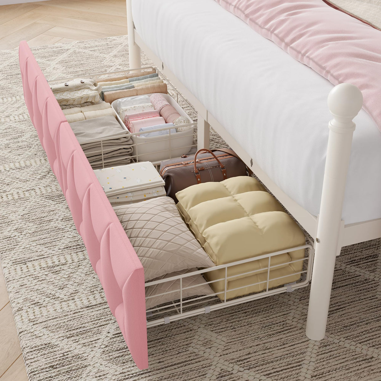 Keyluv Full LED Canopy Bed Frame with Storage Drawers and Charging Station, Four Poster Bed Frame with Upholstered Button Tufted Crown Headboard, 2 in 1 Royal Princess Pink Bed with Removable Posts Keyluv