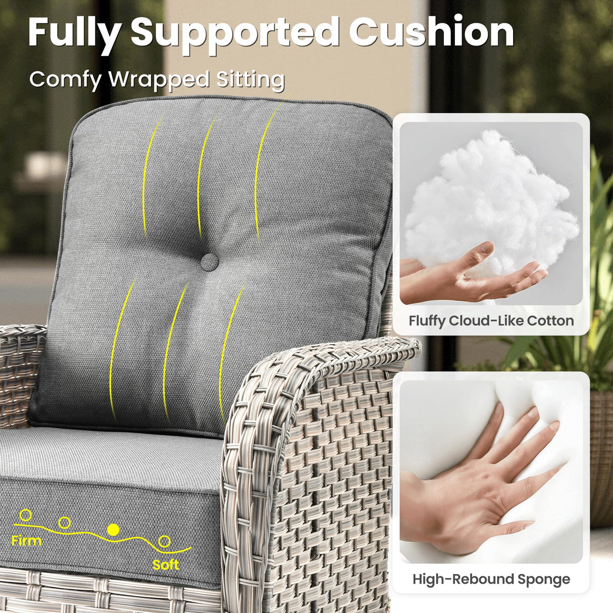 ovios 9 Pieces Patio Furniture Set Outdoor Sectional Sofa Couch with Fire Pit Table Rocking Swivel Chairs Deep Seat Chaise, Modern Modular Wicker Rattan Conversation Set, Dark Grey ovios