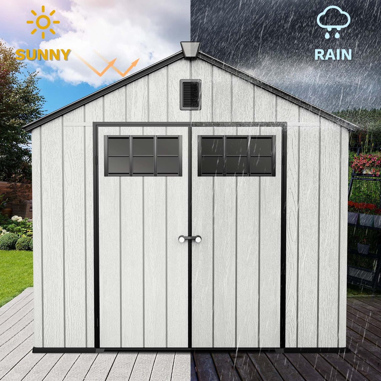 DWVO 8x10 FT Outdoor Storage Shed, 544 cuft Plastic Storage Shed with Floor & Lockable Door, All-Weather Tool Garden Shed with Window & Vent for Patio Furniture, Lawn Mower, Pool Supplies, Dark Gray DWVO