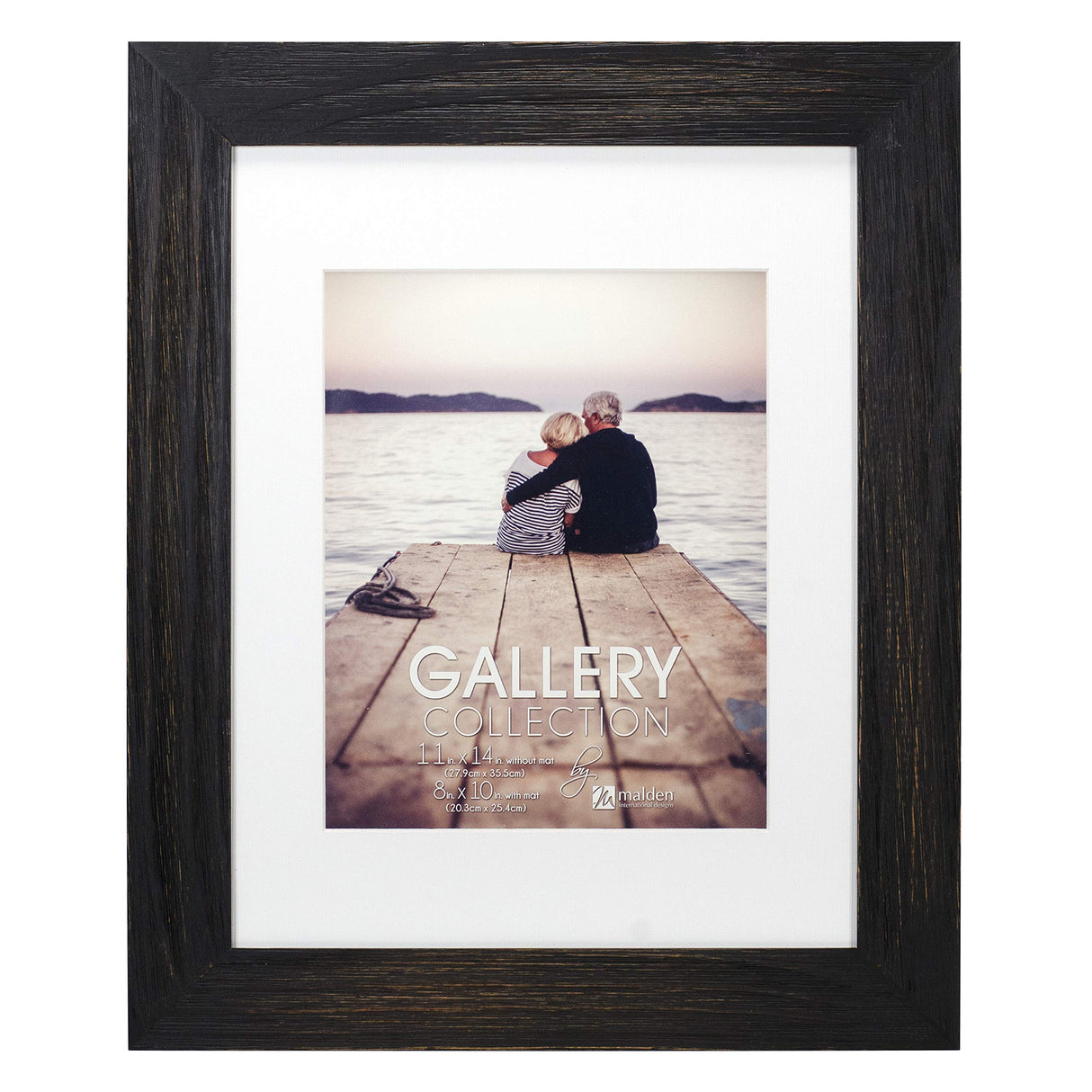 Malden 11x14 Distressed Wood Matted Picture Frame, Made to Display 8x10 with Mat, Without Mat, Black Malden