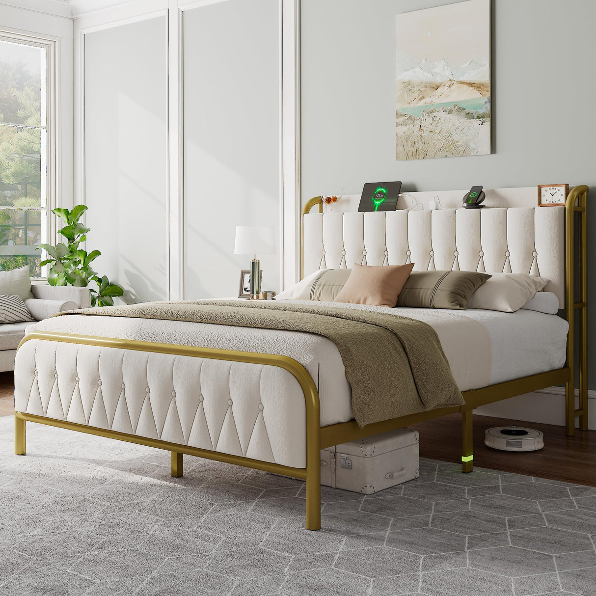 Einhomn Full Size Velvet Bed Frame with Charging Station, Platform Bed with Upholstered Storage Headboard & Footboard, 12" Underbed Space, Noise-Free, Easy Assembly, No Box Spring Needed, Beige Einhomn