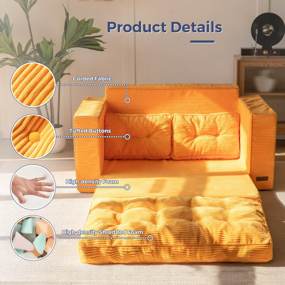 MAXYOYO Convertible Sofa Bed, Pull Out Loveseat Sleeper Sofa, 2 in 1 Folding Couch Bed, Fold Out Floor Couch with Pillows for Living Room Bedroom Lounge, Orange MAXYOYO