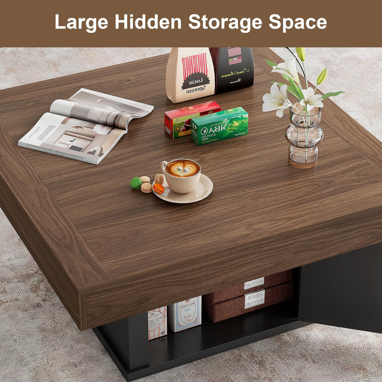 LED Coffee Tables for Living Room, 33.5" Square Center Table with Storage & Hidden Shelf, Large Modern Coffee Table Desk with RGB Lights, Living Room Tables Cocktail Table, Plug-in Use (Vintage Brown) knoworld