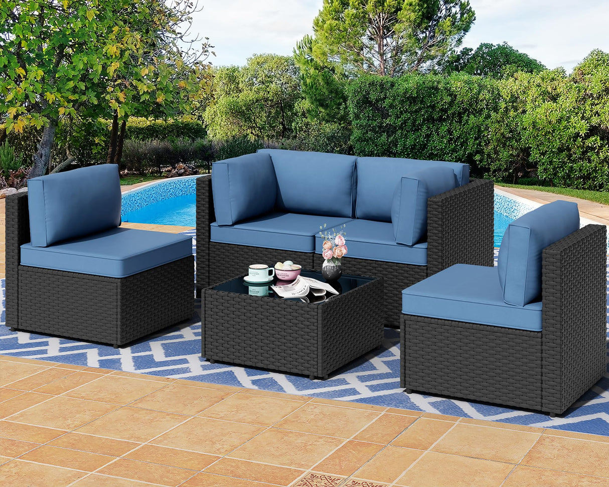 Shintenchi 5 Pieces Outdoor Patio Sectional Sofa Couch, Black PE Wicker Furniture Sets, Patio Conversation Sets with Washable Cushions Glass Coffee Table for Garden, Poolside, Backyard, Aegean Blue Shintenchi