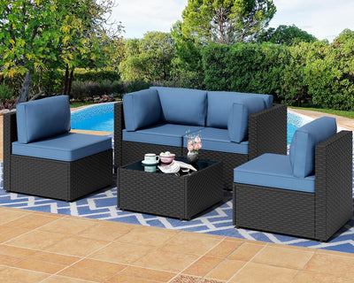 Shintenchi 5 Pieces Outdoor Patio Sectional Sofa Couch, Black PE Wicker Furniture Sets, Patio Conversation Sets with Washable Cushions Glass Coffee Table for Garden, Poolside, Backyard, Aegean Blue