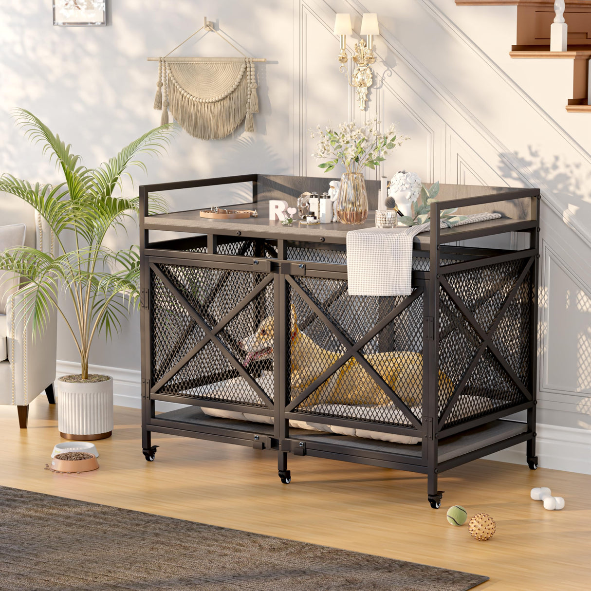 COZPAW Large Dog Crate Furniture, 48 Inch Wooden Dog Kennel for XLarge Dogs, Heavy Duty Dogs Furniture Indoor Wire Dog Cage with Caster Wheels,Decorative Pet House End Table, Textured Gray COZPAW