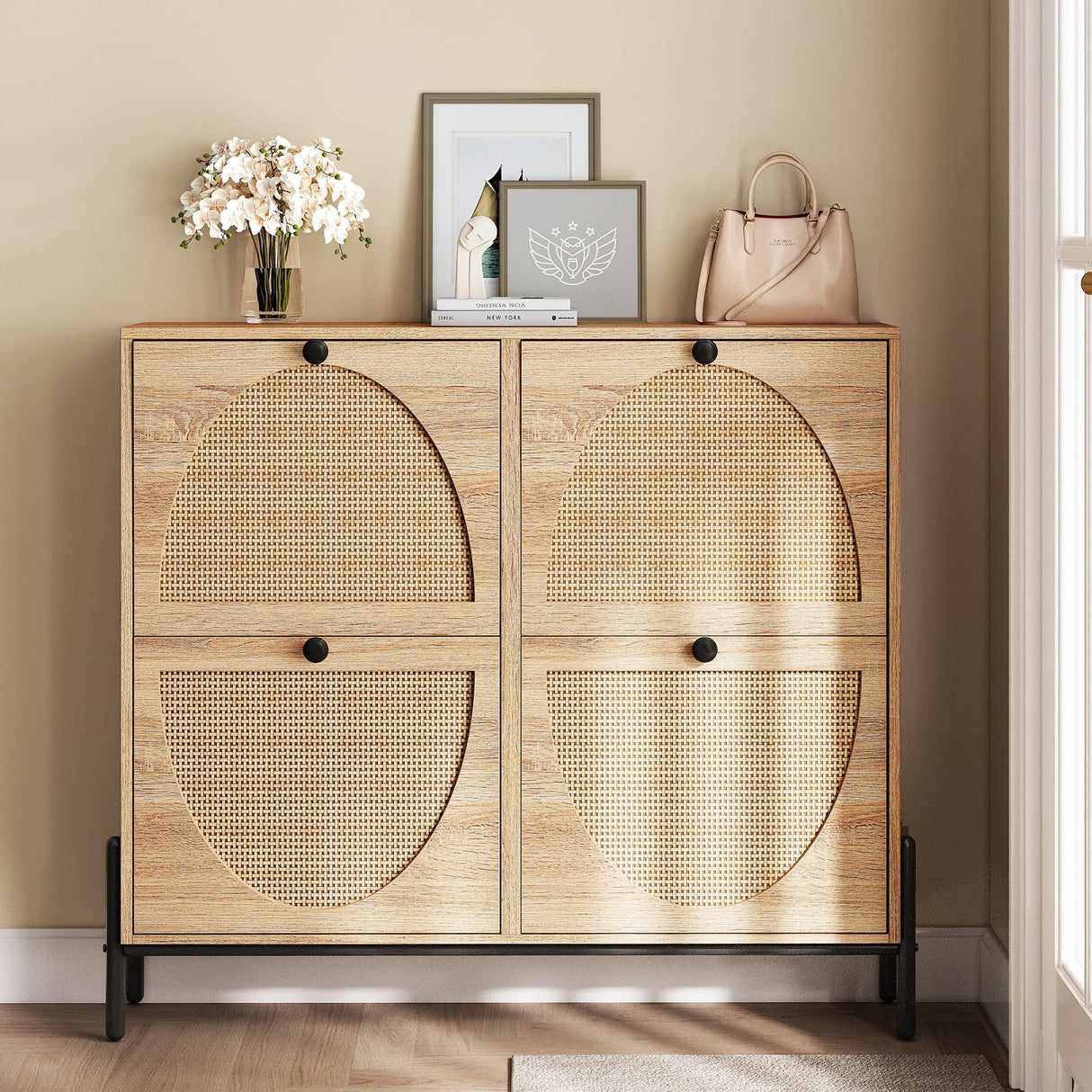 IRONCK Rattan Shoe Cabinet Storage with 4 Flip Drawers, Freestanding Shoe Storage Organizer Cabinet for Entryway, Narrow Shoe Rack Cabinet, Oak IRONCK