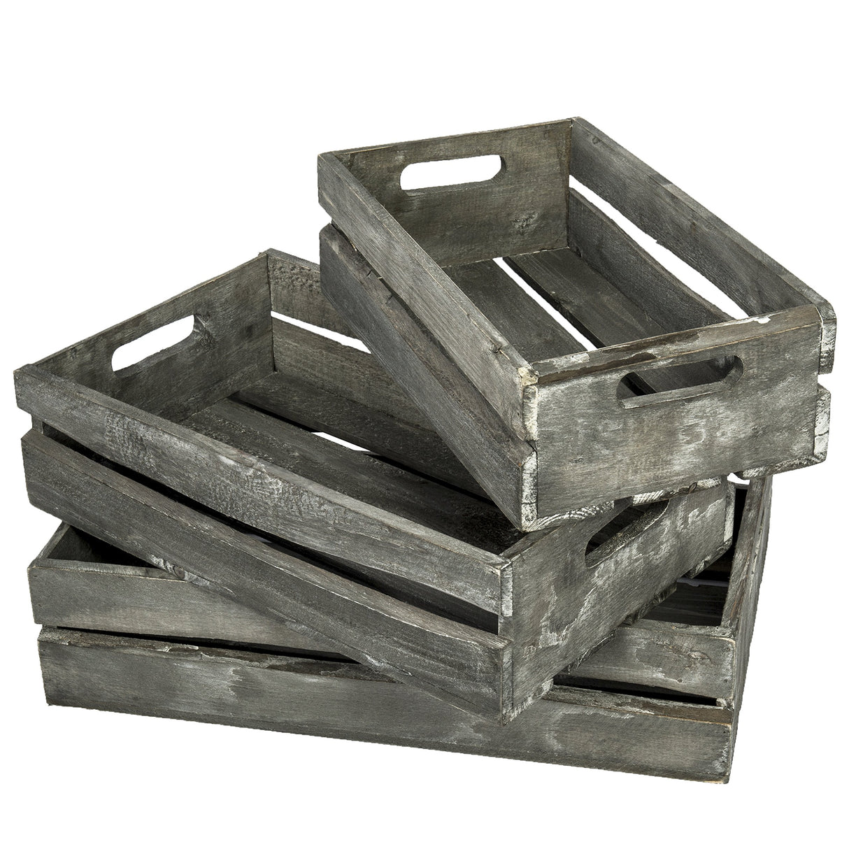 MyGift Rustic Weathered Gray Wood Nesting Storage Crates with Cutout Handles, Decorative Coastal Wooden Pallet Stackable Open Top Bin Boxes, 3 Piece Set MyGift