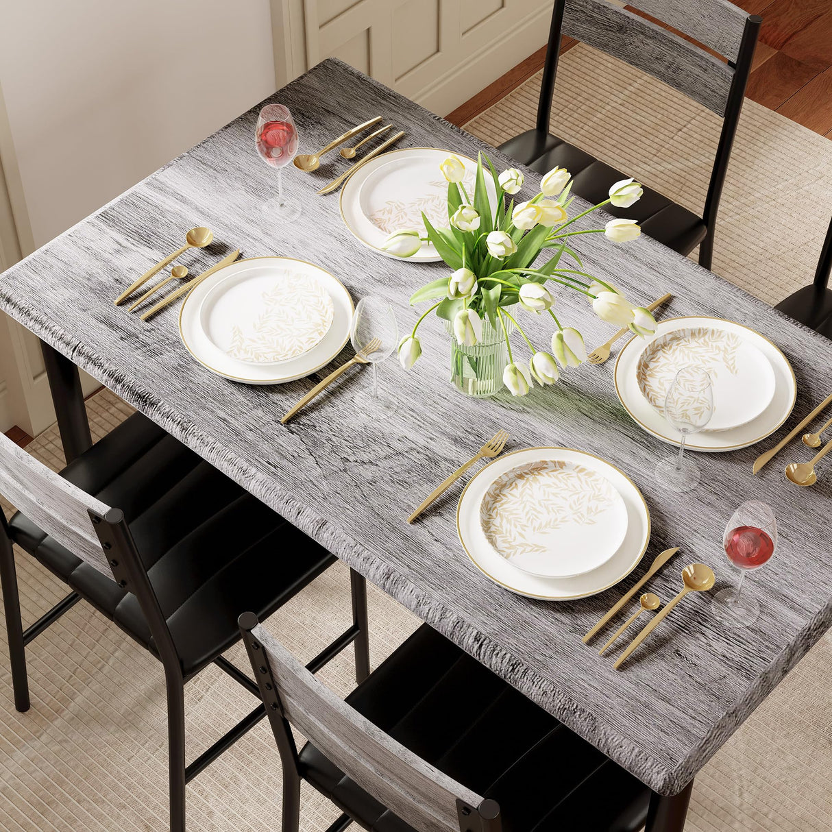IRONCK Dining Table Set for 4, Wood Kitchen Table with Upholstered Chairs for Kitchen Room and Small Spaces, Grey IRONCK