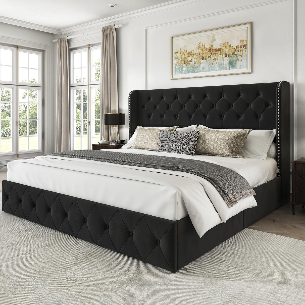 LARMACE Velvet Black King Size Bed Frame with 4 Storage Drawers and Tufted Wingback Headboard LARMACE