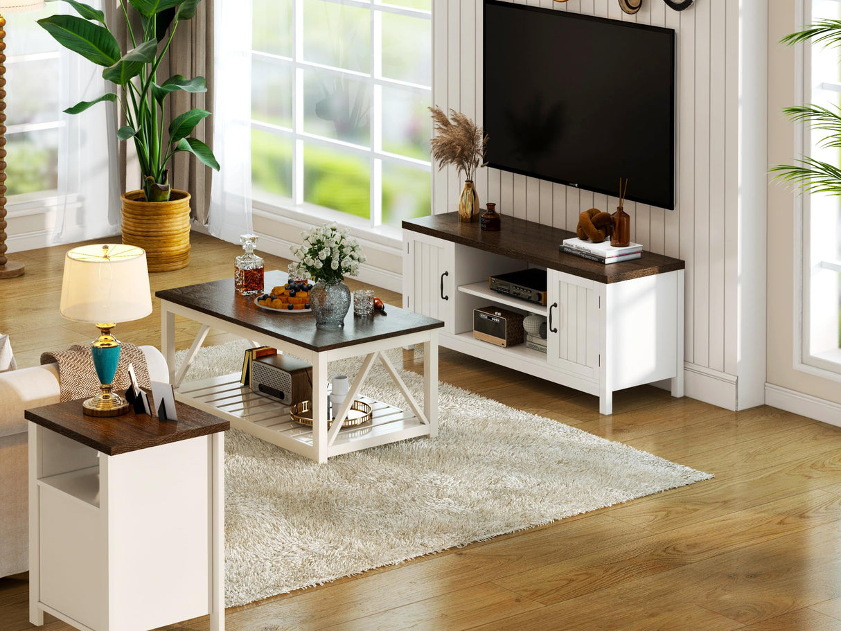 ChooChoo Farmhouse TV Stand, Wood Grooved Door Entertainment Center with Storage Cabinets and Open Shelves, Rustic Media Console up to 55 inches for Living Room, Bedroom, White ChooChoo