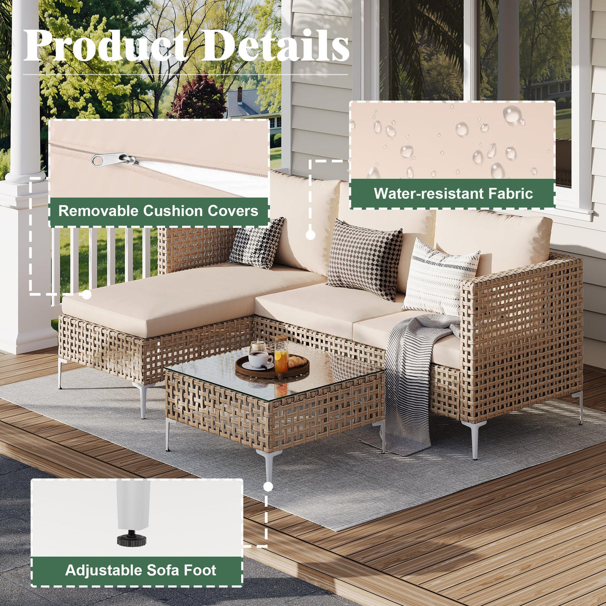 JHSDFOUIH Patio Furniture Set, Outdoor Couch with Glass Coffee Table&Thick Cushion, Wicker Chaise Longue Sofa Set, All-Weather PE Rattan Conversation Set for Garden, Deck, Poolside(3pcs Yellow&Beige) JHSDFOUIH