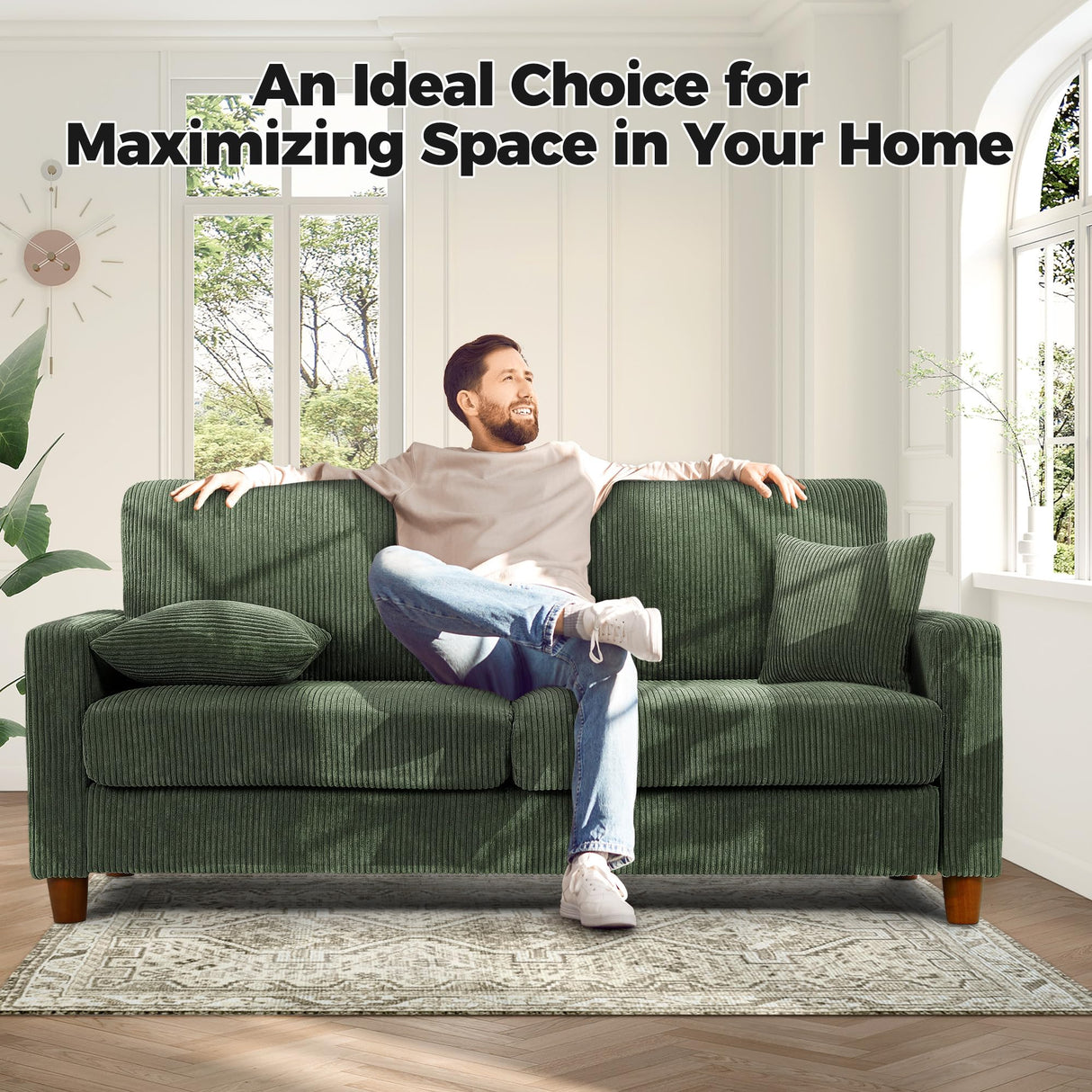 Kidirect 70in Corduroy Couch, Sofas for Living Room No Tool Assembly, Comfy Couches for Living Room 21in Deep Seats, Oversized Loveseat Sofa with 2 Pillows, 3 Seater Couch for Bedroom, Green Sofa Kidirect