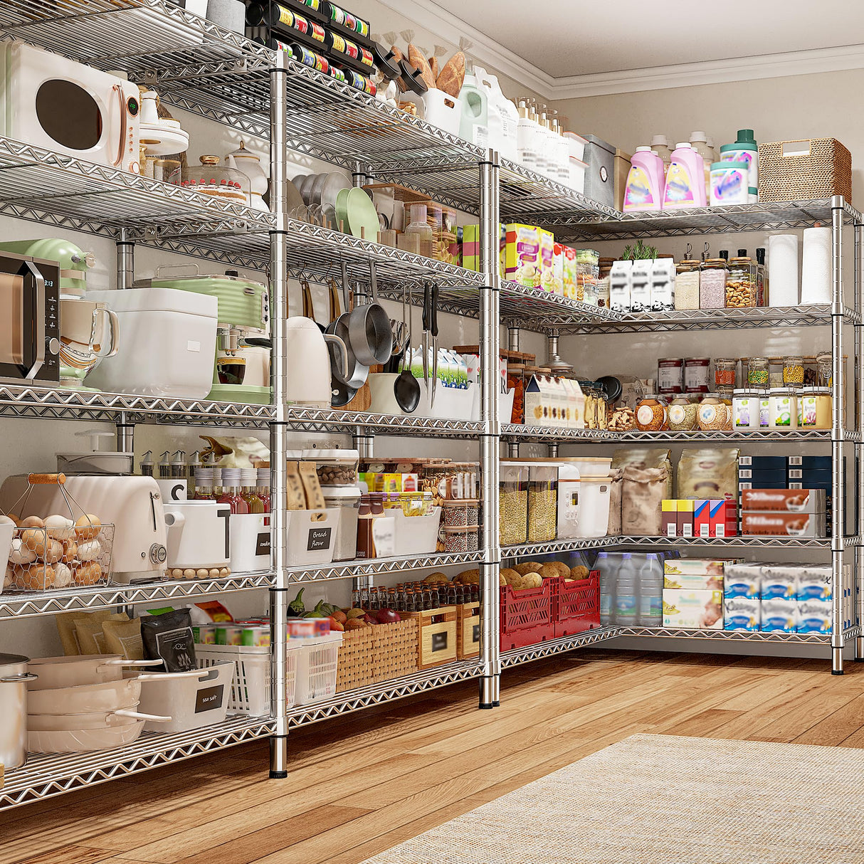 REIBII 69.8" W Storage Shelves 1510LBS Wire Shelving Unit 5 Tier Metal Shelving for Storage Rack Shelves Adjustable Heavy Duty Garage Shelf Pantry Shelves Kitchen Shelving,69.8"Wx15.8"Dx72.4"H,Chrome REIBII