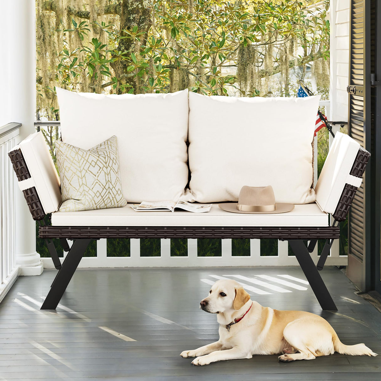 Flamaker Outdoor Convertible Sofa, Woven Rattan Patio Furniture Sunbed with Adjustable Armrests, Removable Cushions and Pillows for Patio, Porch, Pool (Brown Lounger & Beige Pillowcase) Flamaker