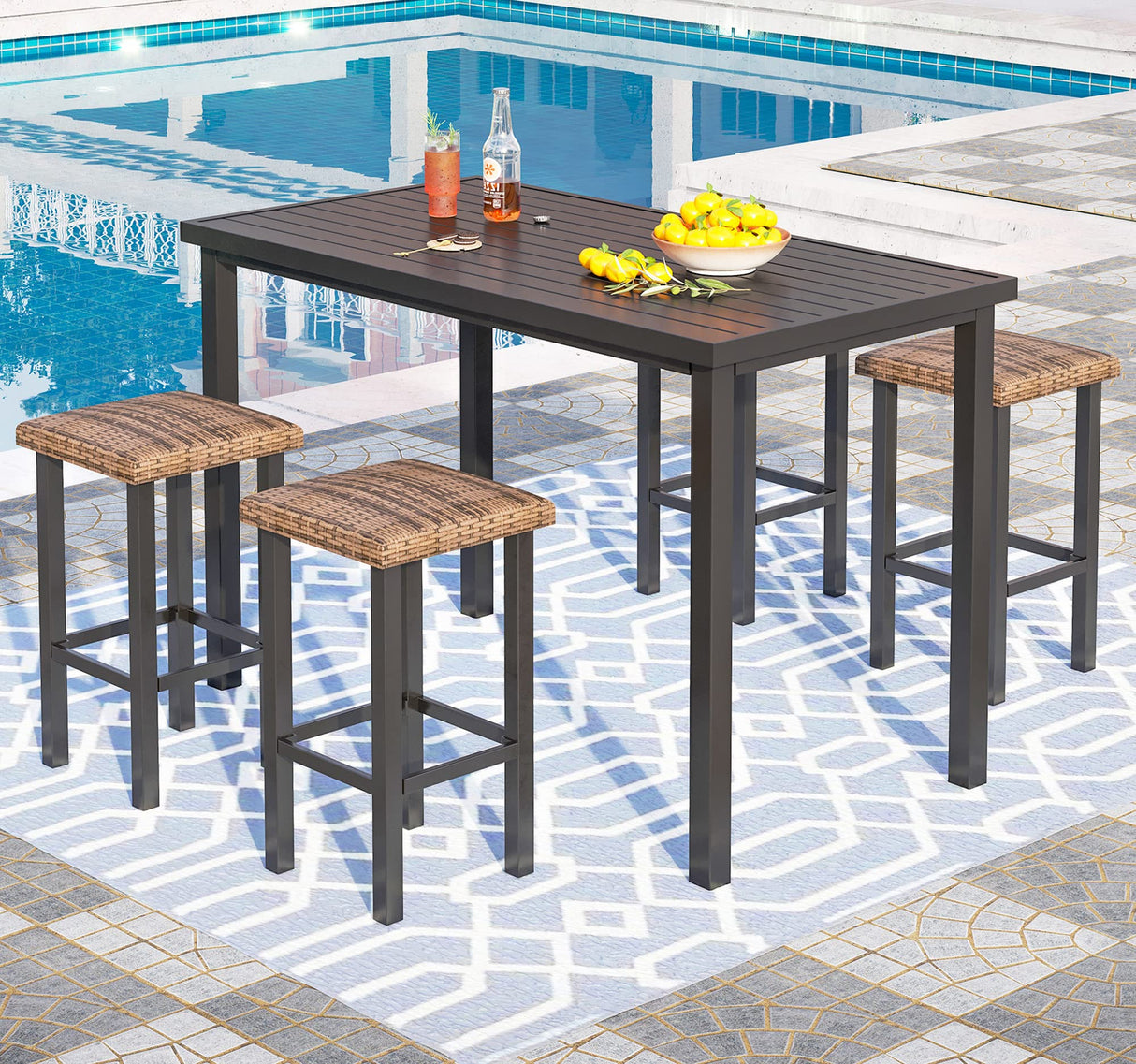 PHI VILLA 5 Piece Patio Bar Set, Black Wood Grain Metal Bar Table & 4 Wicker High Bar Stools, Bar Height Outdoor Dining Set for Porch, Yard, Deck, Poolside PHI VILLA