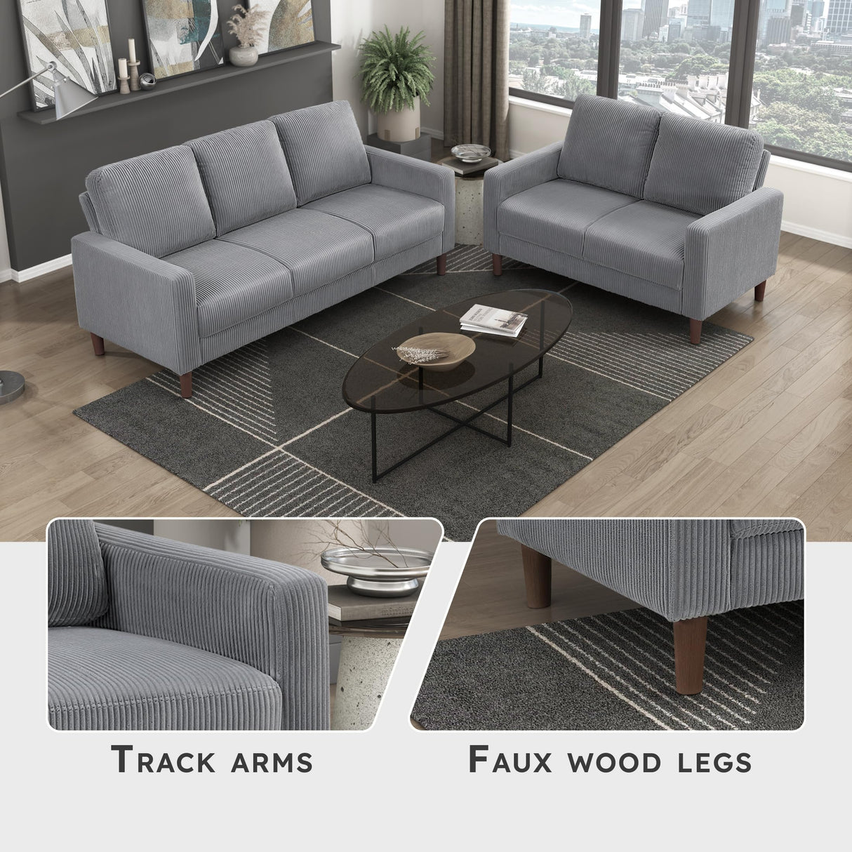 Lexicon Modern Sofa, Corduroy Fabric Upholstered Living Room Sofa, Couch with Brown Legs, Track Arms, Comfy Couch for Living Room/Bedroom/Apartment, 3-Seater, Gray Lexicon