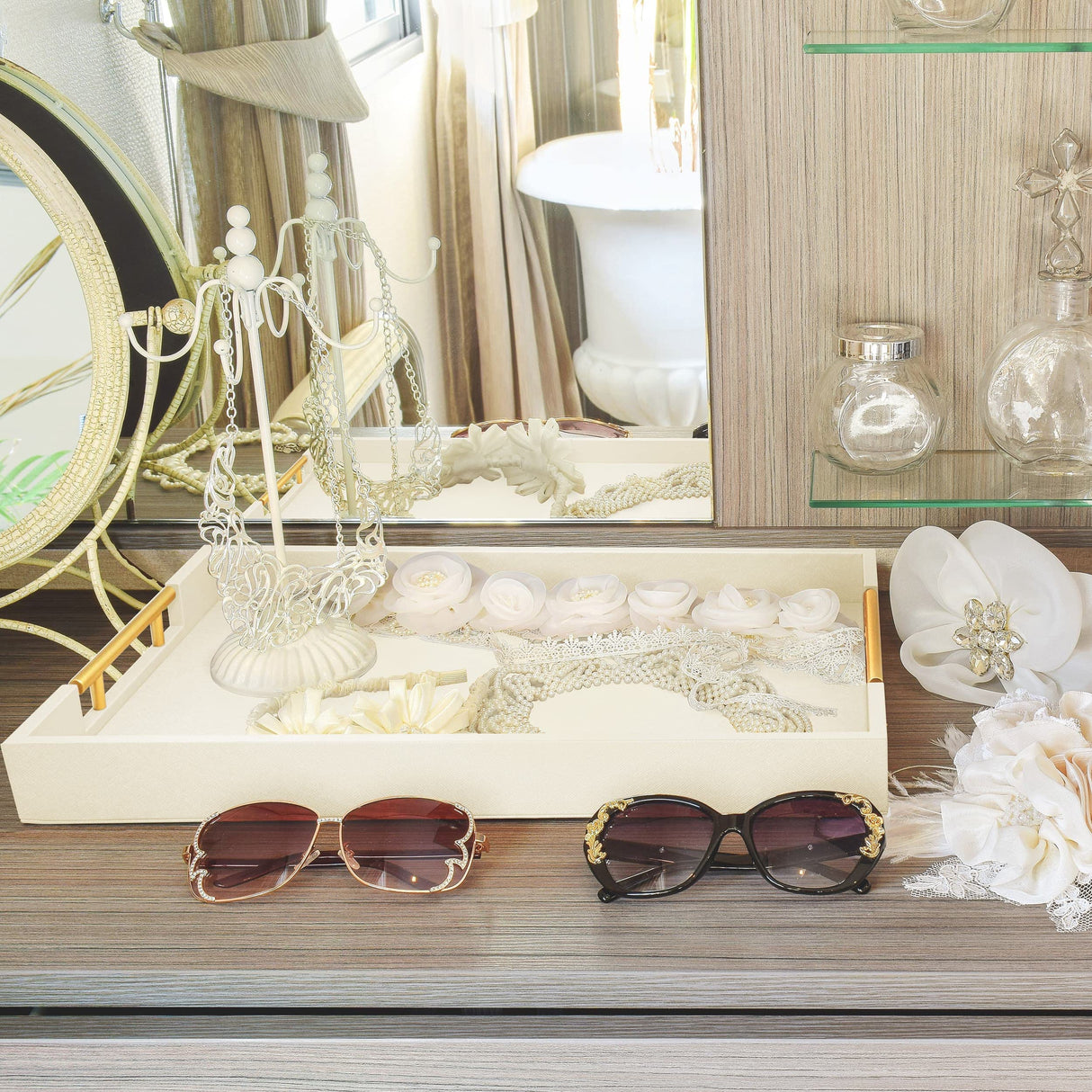 ATZYmolin 17" x 12" Wood Serving Tray with Gold Polished Metal Handles, Home Decorative Wooden Rectangle Ottoman Leather Decor Platter Bathroom Vanity Tray for All Occasions White ATZYmolin