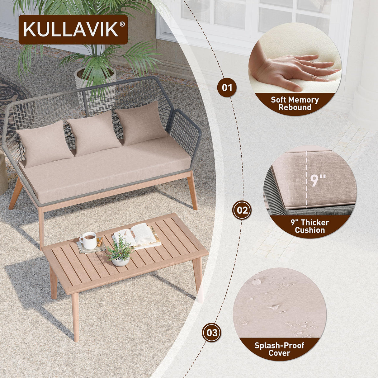 Kullavik Outdoor Patio Furniture Set,5 Pieces Indoor Rope Woven Sectional Sofa Set Modern Oak Patio Conversation Sets with Wooden Table for Balcony,Porch or Backyard,Sand Kullavik