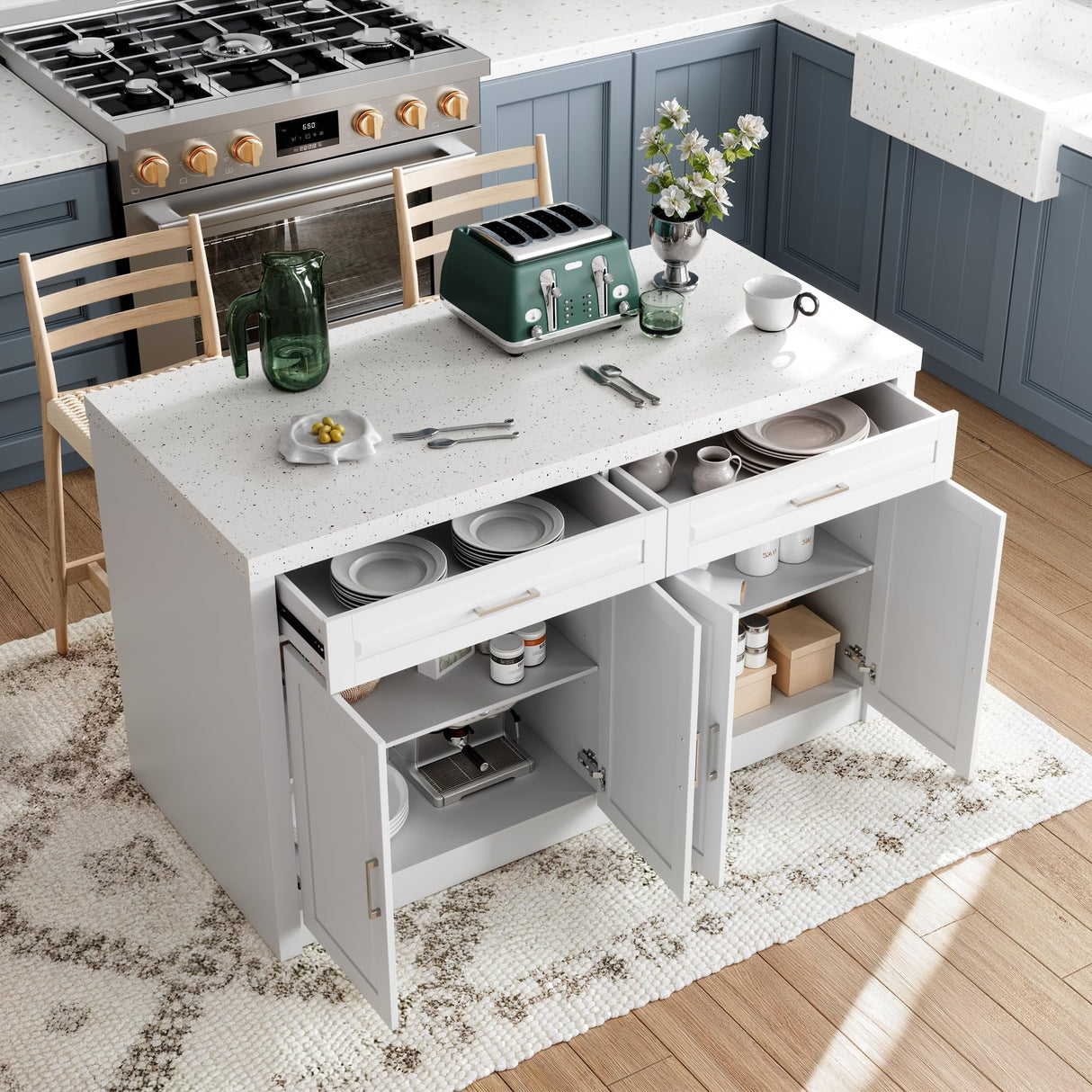 Homsee 61" W Large Kitchen Island with Charging Station, 2 Drawers and Adjustable Shelves, Modern Stationary Kitchen Prep Table Coffee Bar Cabinet for Dining Room, White Homsee