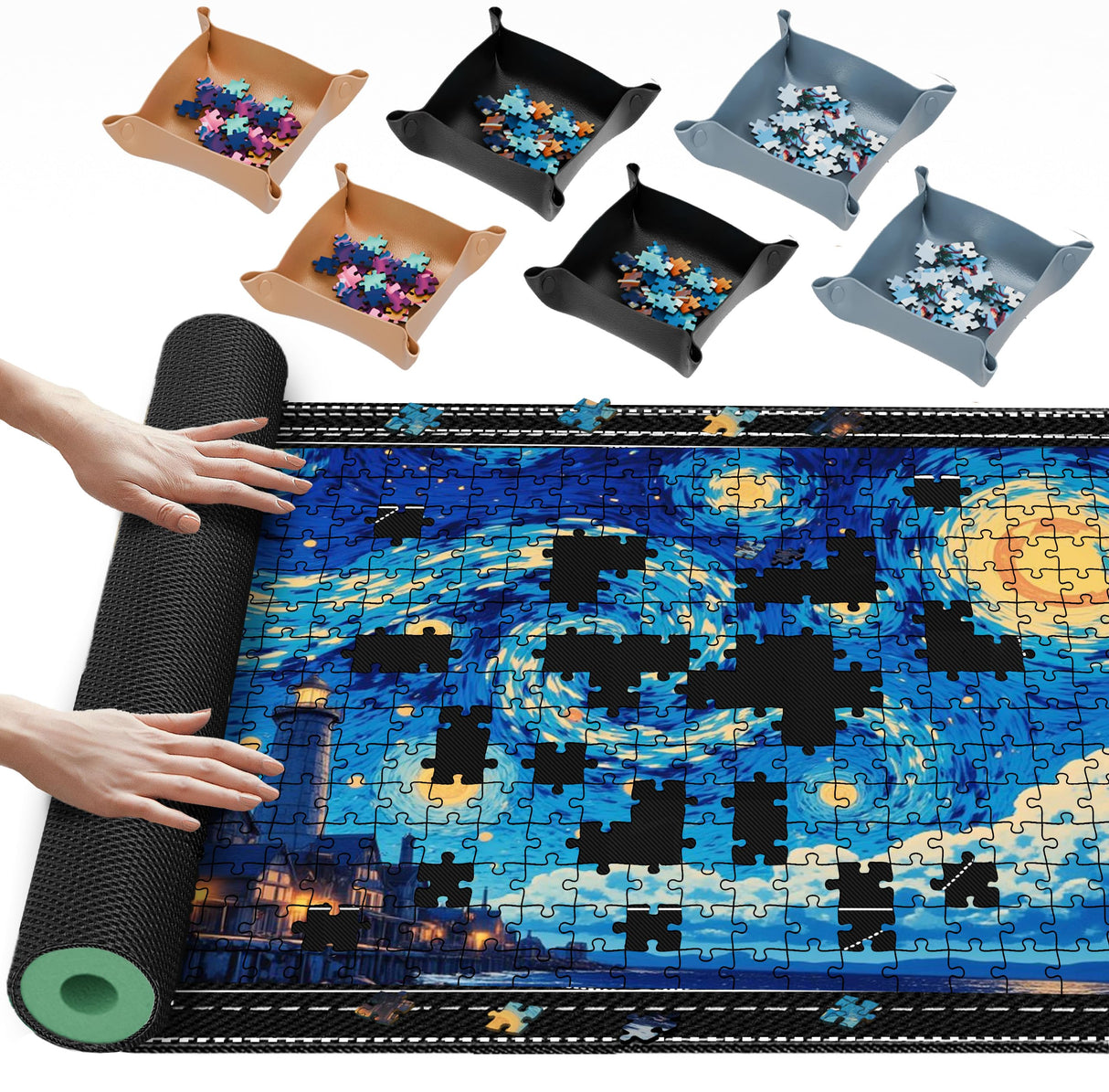 Lwoeo Jigsaw Puzzle Mat Roll Up, Black 48.4” x 30.7” Smooth Top Saver Pad Up to 2000 Pieces,Large Puzzle Matt Rollup with 6 Sorting Trays & 1 Storage Bag for Sorting Table, Board, Frame Puzzle Mats Lwoeo