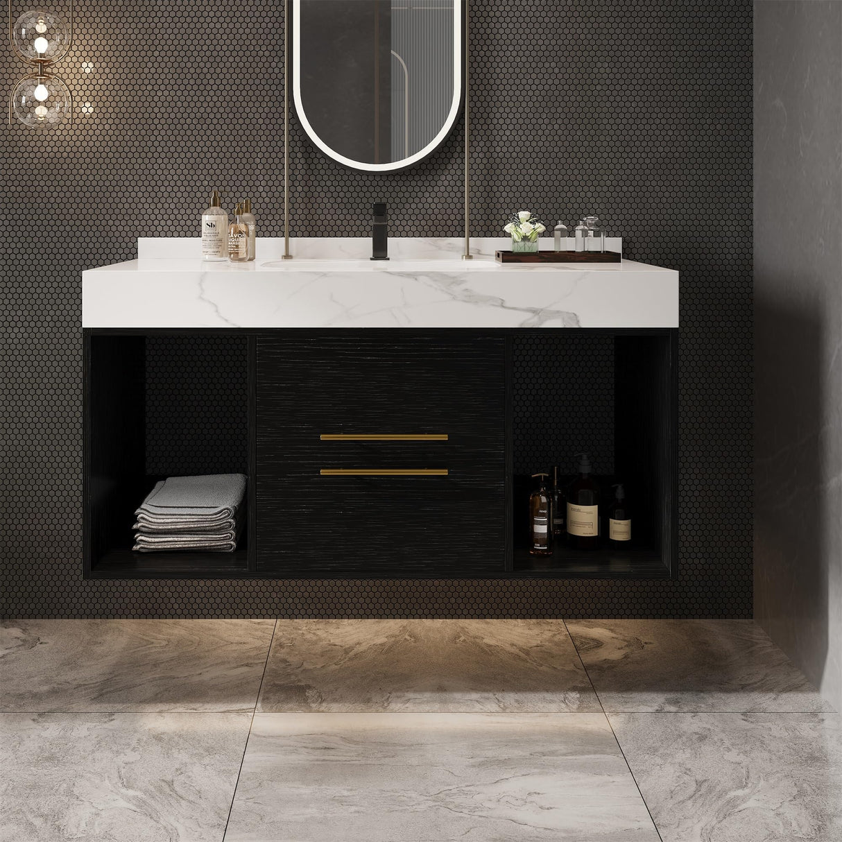 GAFFERIT 39.4" Bathroom Vanities with Ceramic Sink,Floating Bathroom Vanity,Wall Mounted Storage Cabinet with 2 Drawers and 2 Storage Spaces,Modern Bathroom Sink Cabinet with Metal Handles (Black) GAFFERIT