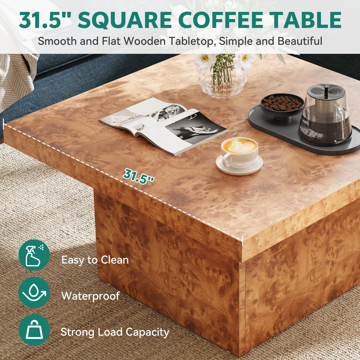 YITAHOME Coffee Table Square LED Coffee Table, Burl Wood Grain Tea Coffee Tables for Living Room/Apartment, Modern Wooden Center Table for Office Decor, Burl Wood YITAHOME