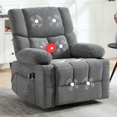 IOMOR Power Recliner Chair with Massage and Heating, 360° Swivel Rocker Glider Chair for Adults, Upholstered Fabric Reclining with Side Pockets and Cup Holder for Living Room, Nursery (1, Gray)