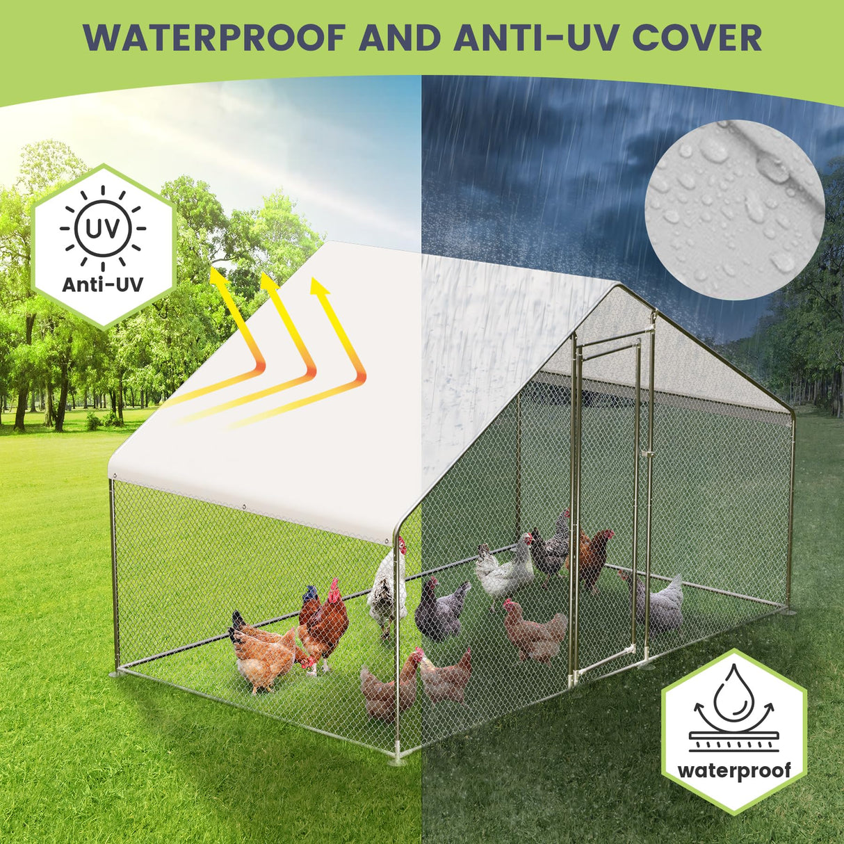 ShiningLove Large Metal Chicken Coop, Walk-in Poultry Cage, Chicken House with Waterproof and Anti-Ultraviolet Cover for Outdoor Yard Farm Silver 9.8X6.5X6.5FT ShiningLove