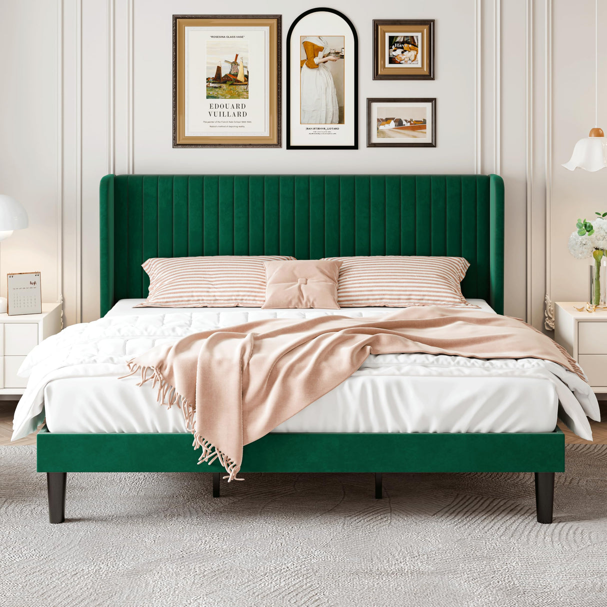 SHA CERLIN King Size Velvet Bed Frame with Vertical Channel Tufted Wingback Headboard, Upholstered Platform Bed with Wood Slats, No Box Spring Needed, Easy Assembly, Green SHA CERLIN
