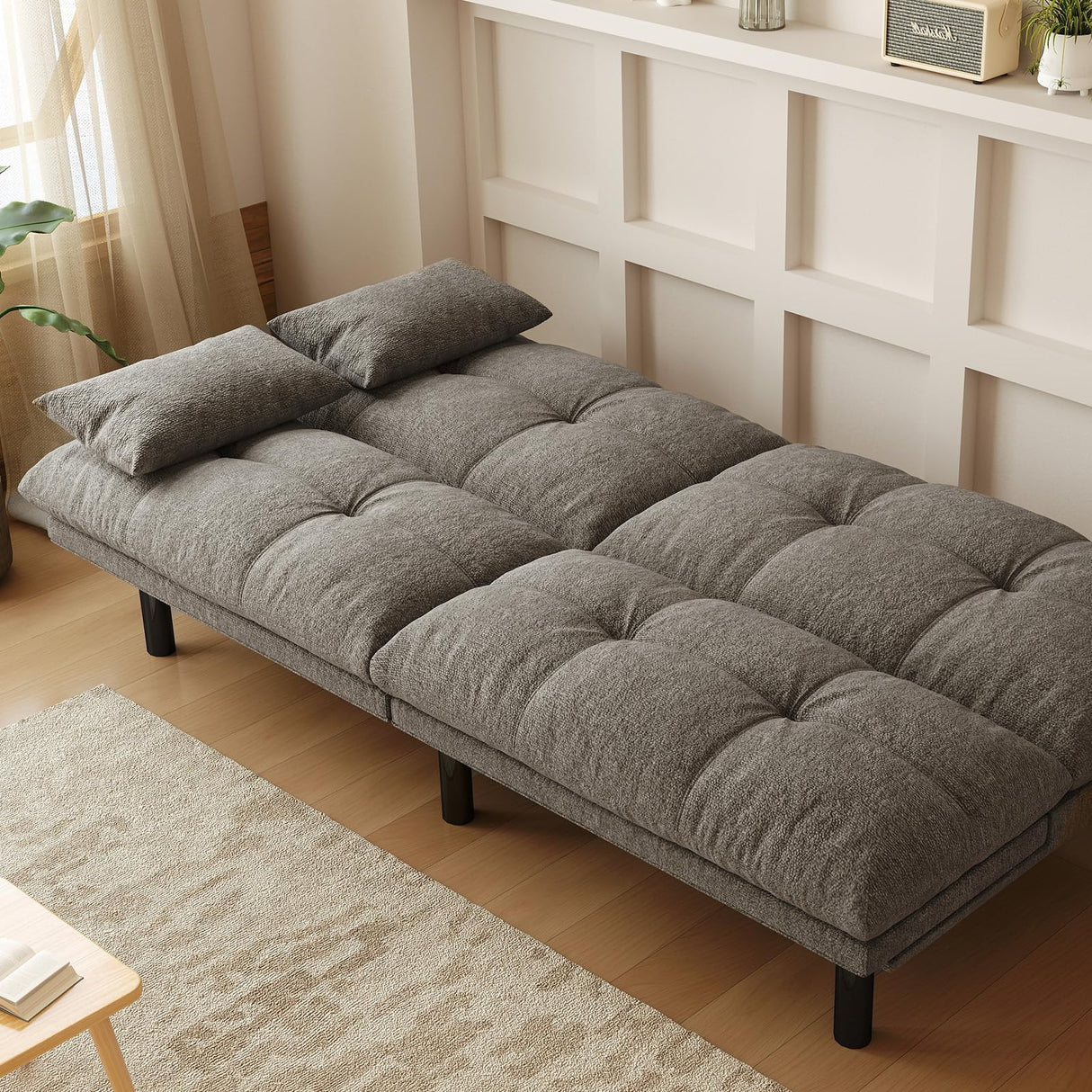 homeokay Futon Sofa Bed Convertible 70 inch Solid Wood Couch for Living Room, Chenille Fabric, 2 Cushions (Gray) homeokay