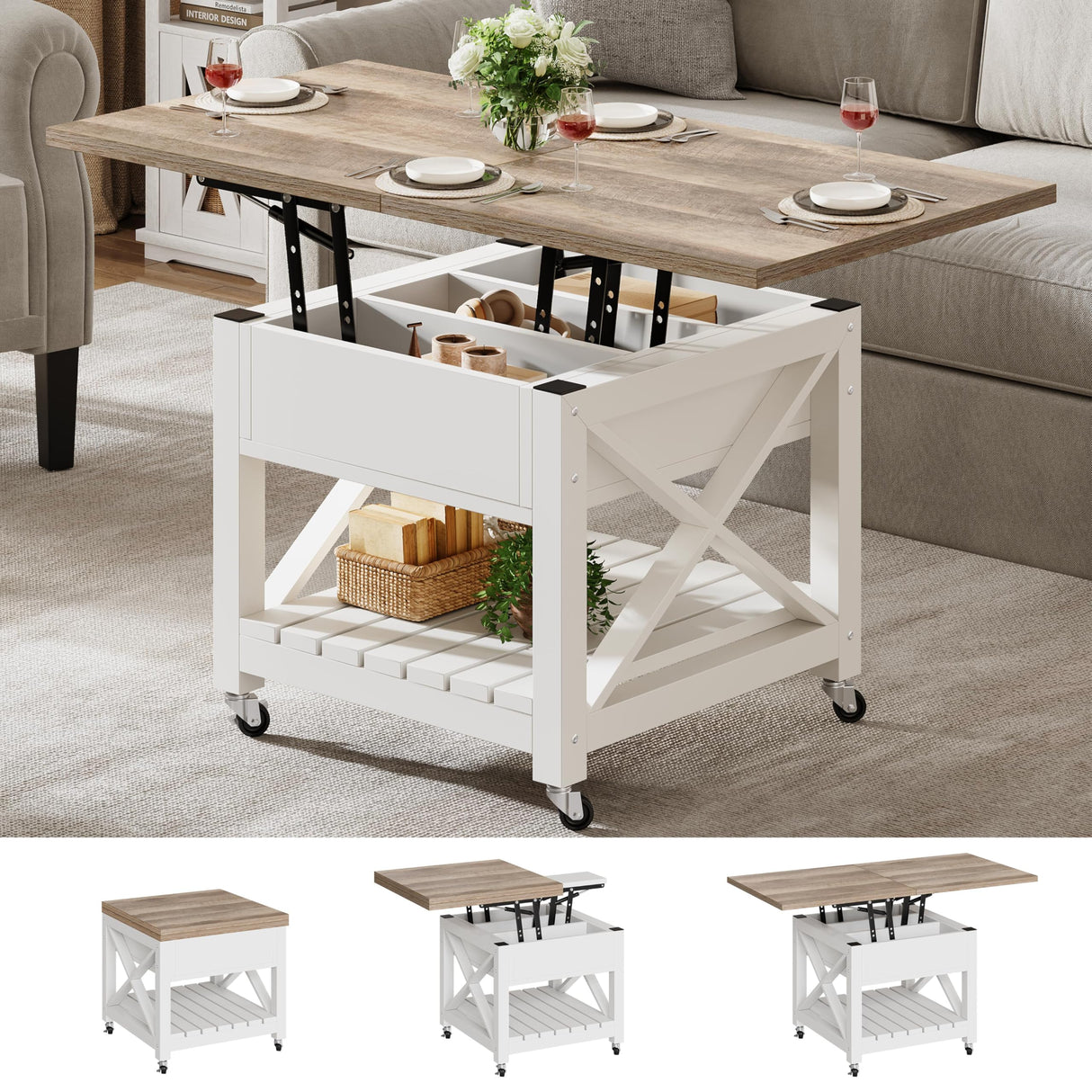 YITAHOME Lift Top Coffee Table with Wheels, Farmhouse Square Coffee Tables for Living Room, 2 Tier Small Coffee Table with Storage Compartment Rustic Wood Cocktail Table Dining Table, Grey Wash YITAHOME