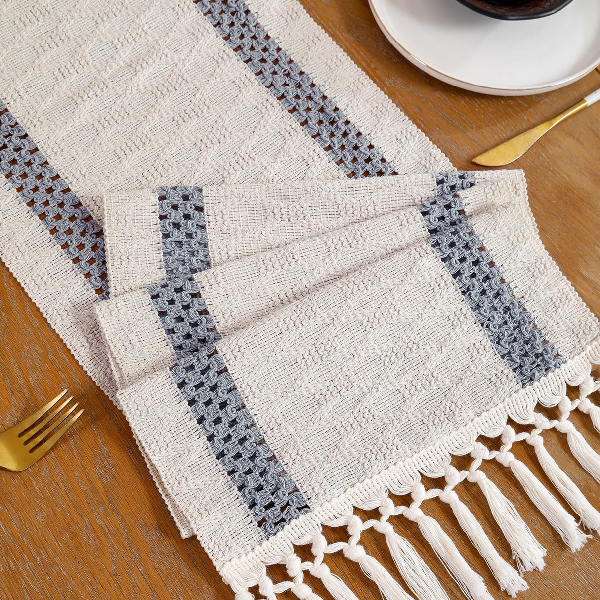 Tosleo Boho Table Runner 12×108 Inches Long with Tassels Grayish Blue Double Striped Farmhouse Rustic Table Runner for Dining Wedding Party(One Piece) Tosleo