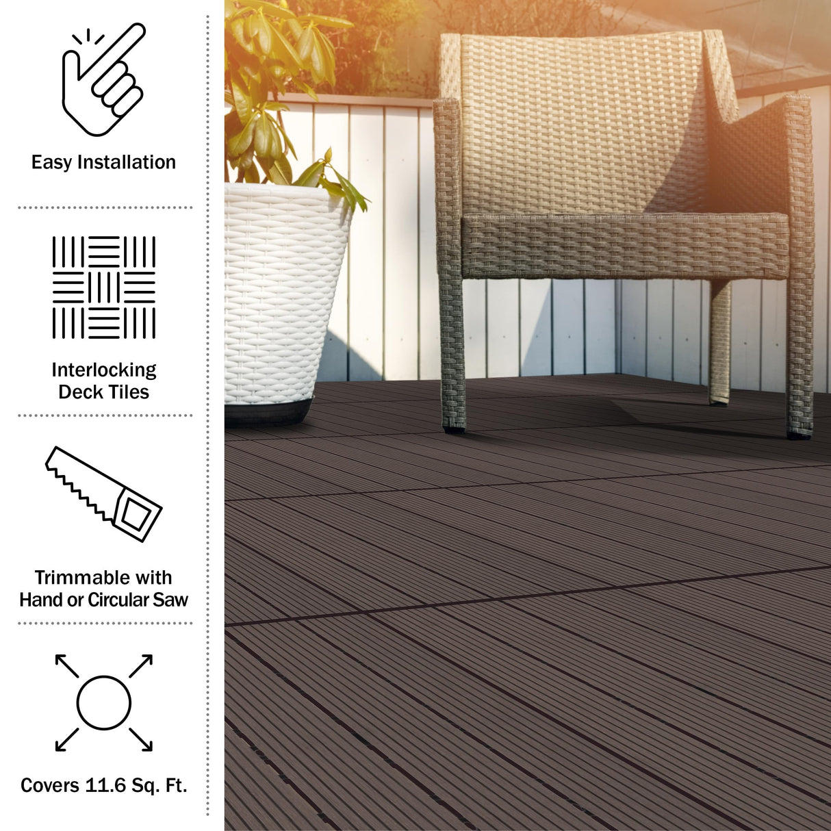 Interlocking Deck Tiles - 6-Pack 11.6-inch Waterproof All Weather Outdoor Flooring Balcony Poolside or Patio Click Decking by Pure Garden (Mocha) Pure Garden