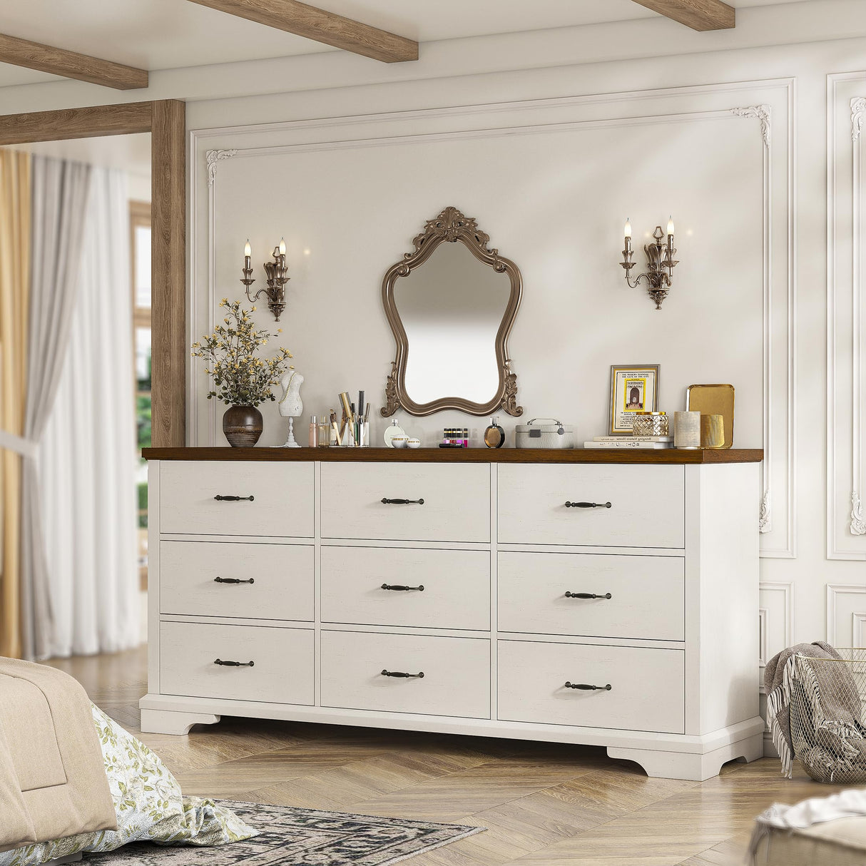 EnHomee 9 Drawers Dresser, 63" W Farmhouse Dressers for Bedroom Dressers with 9 Drawers, Solid Wood Dresser TV Stand with Large Metal Handle, Modern Wood Drawer Organizer for Closet (Antique White) EnHomee