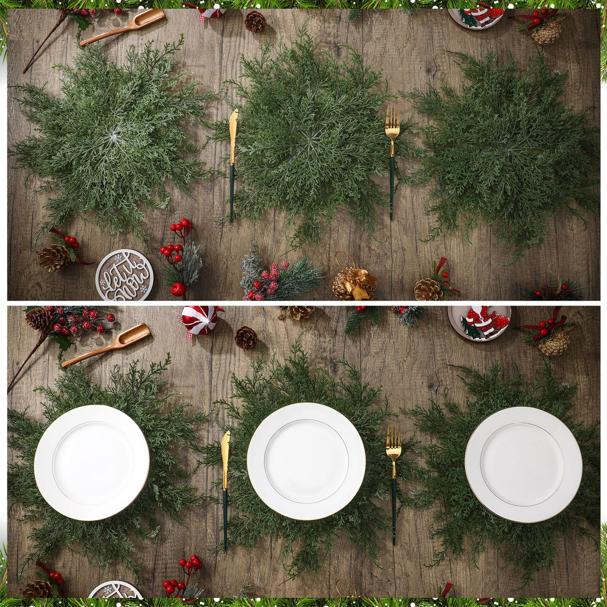 6 Pcs Christmas Pine Placemats 20 Inch Artificial Greenery Placemats Round Cedar Branch Place Mat Dining Table Mats for Xmas Party Decorations Holiday Reallnaive