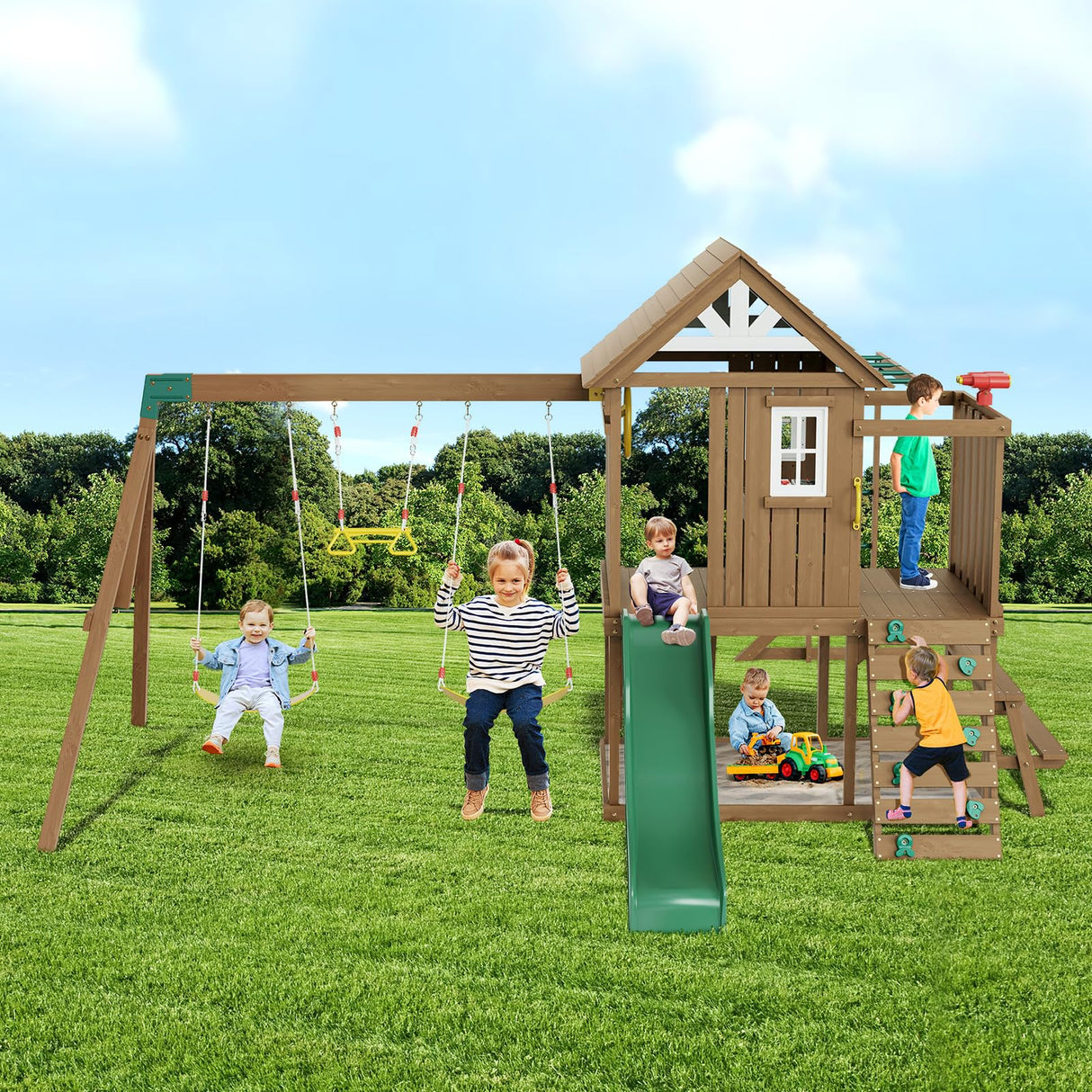 VEVOR Wooden Swing Set, 10 in 1 Playground Sets for Backyards, 2 Swings, 6FT Slide, Trapeze Bar, Flat Step Ladder,Large Upper Fort with Kitchen Toys, Rock Wall, Picnic Table, Sandbox, Scaling Ladder VEVOR