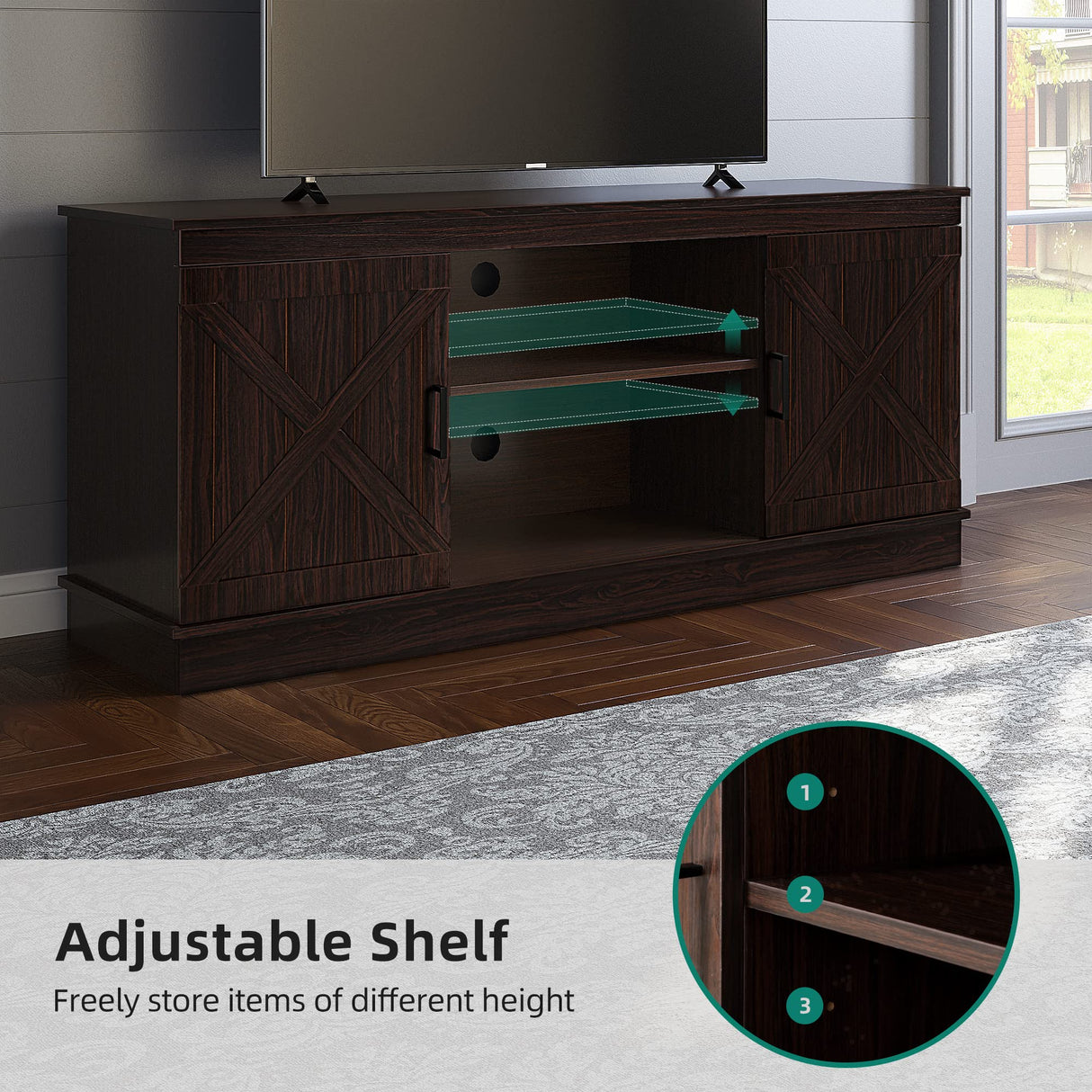 YITAHOME TV Stands for TV up to 65 Inch, Farmhouse Entertainment Center with Double Barn Doors & Storage Cabinets, Rustic TV Cabinet Media Console Table for Living Room, 59 Inches, Espresso YITAHOME