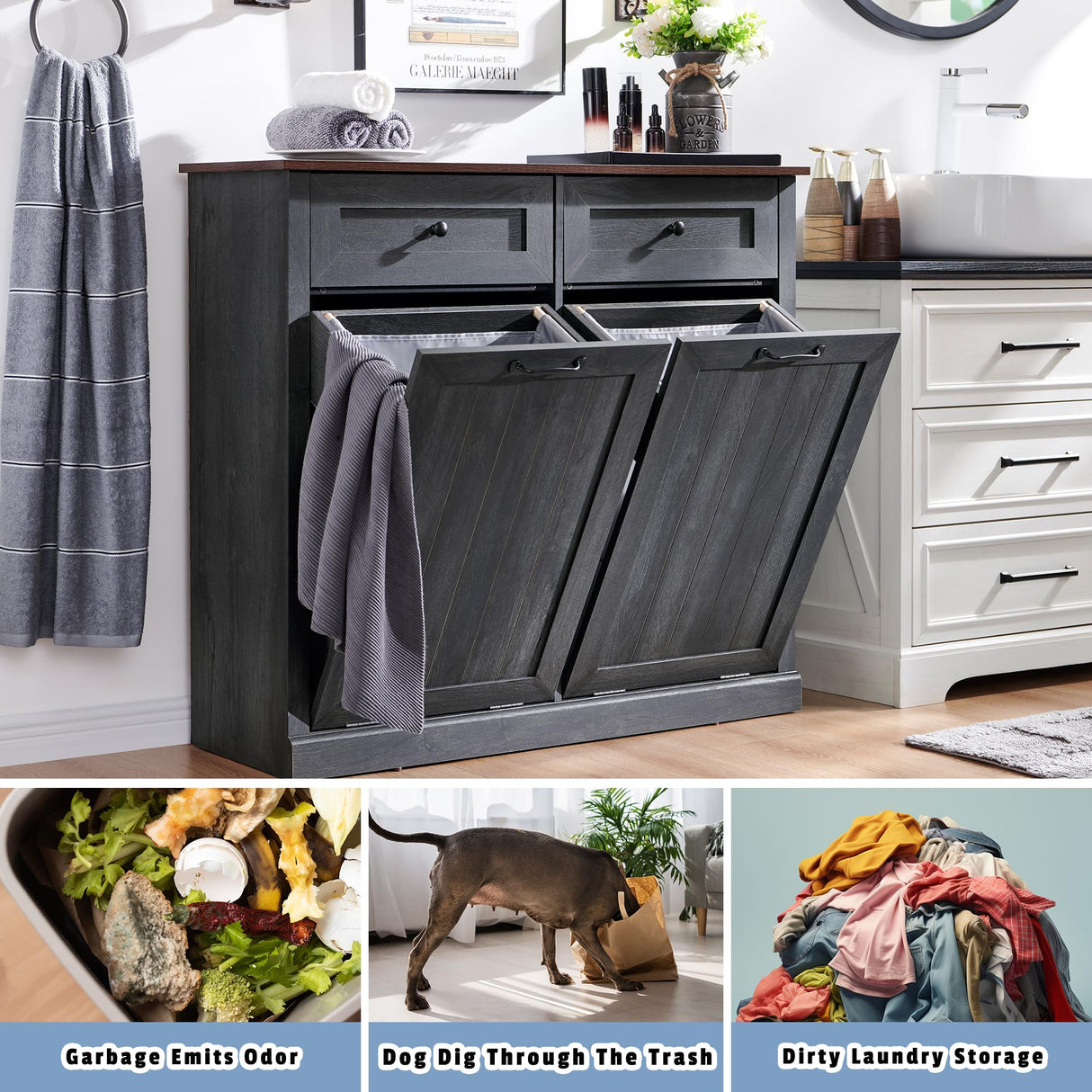 IFGET Double Tilt Out Trash Cabinet, Dog Proof Trash Can Cabinet, Farmhouse Hidden Laundry Hamper Cabinet with Barn Door, 10 Gallon Garbage Can Bin Cabinet with Storage Basket for Kitchen (Dark Grey) IFGET