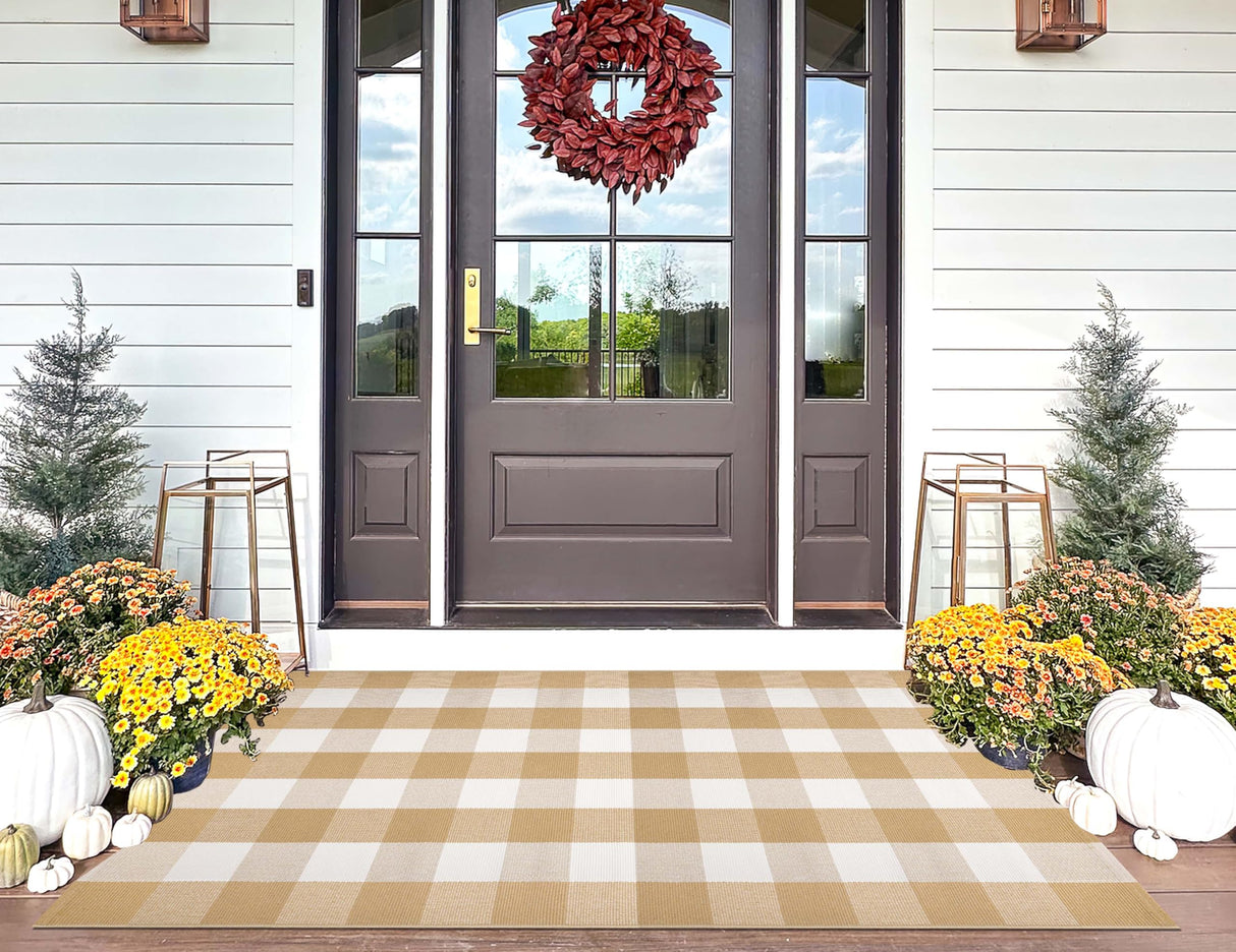 Khaki and White Outdoor Rug 3'x5', Fall Outdoor Porch Rug Cotton Woven Washable Farmhouse Indoor Outdoor Doormat for Front Porch Hello Welcome Layered/Entryway/Bedroom/Living Room/Patio KIhipIoe