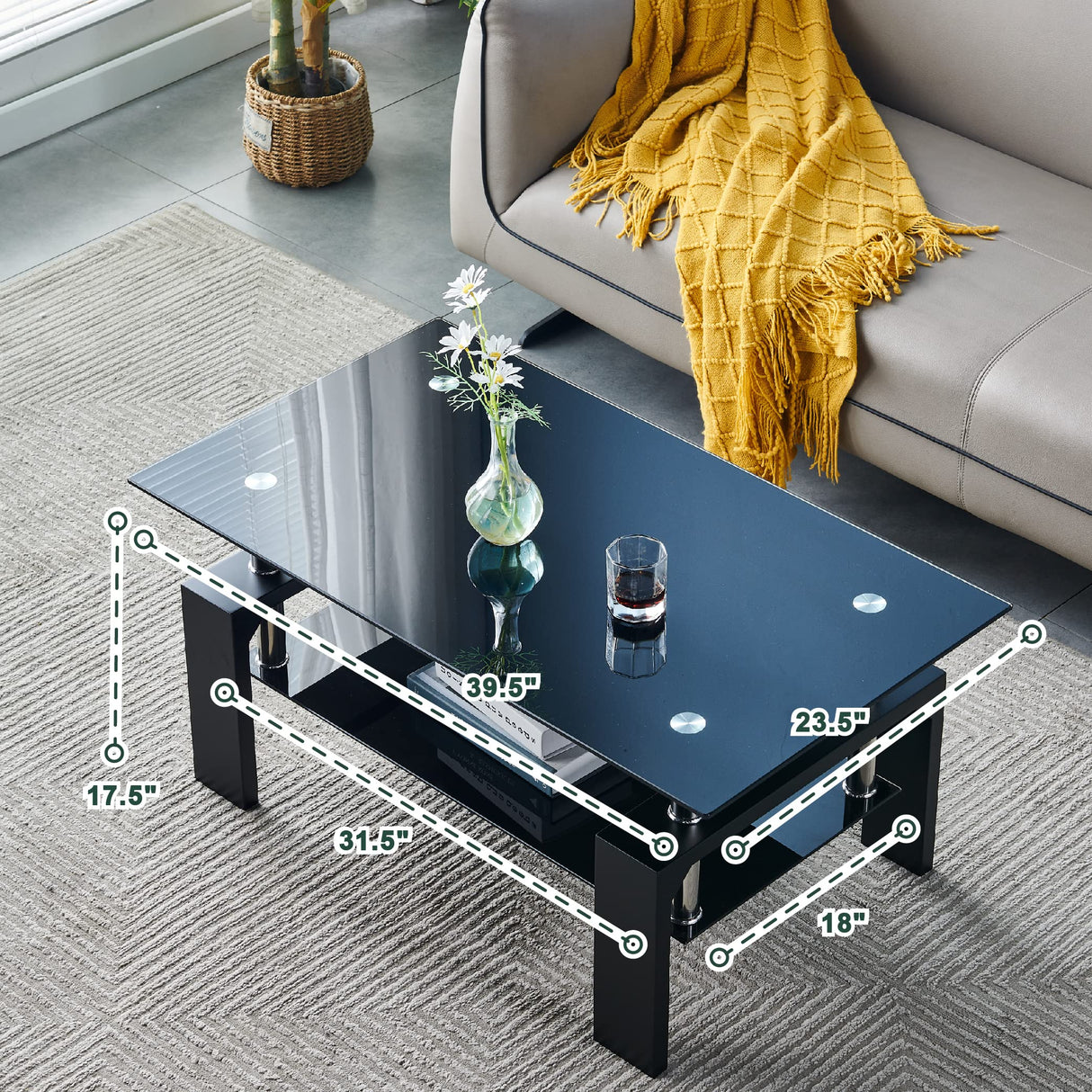 Btrpily Living Room Rectangle Coffee Table, Tea Table Suitable for Waiting Room, Modern Side Coffee Table with Wooden Leg, Glass Tabletop with Lower Shelf, 39.5D x 23.5W x 17.5H in, Black Btrpily