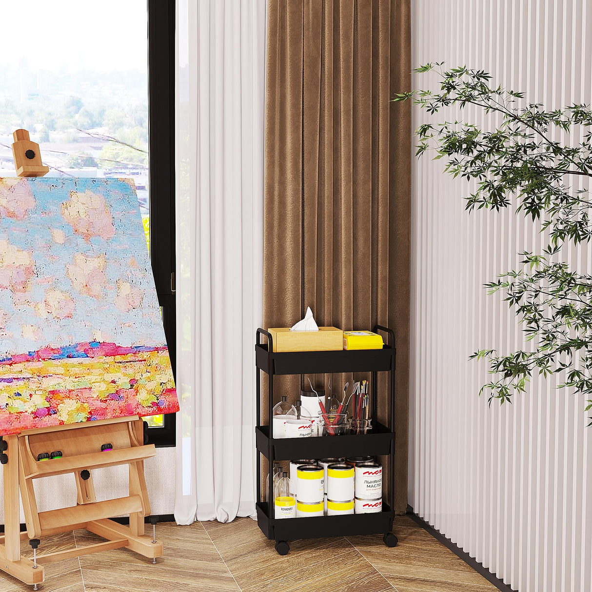 Buzowruil Rolling Storage Cart 3 Tier Organizer Mobile Shelving Unit Storage Rolling Utility Cart with Wheels for Kitchen Bathroom Laundry,Black Buzowruil